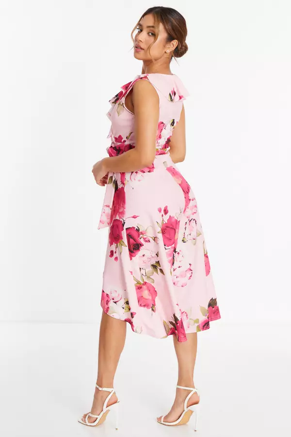 Petite Light Pink Floral Dip Hem Midi Dress