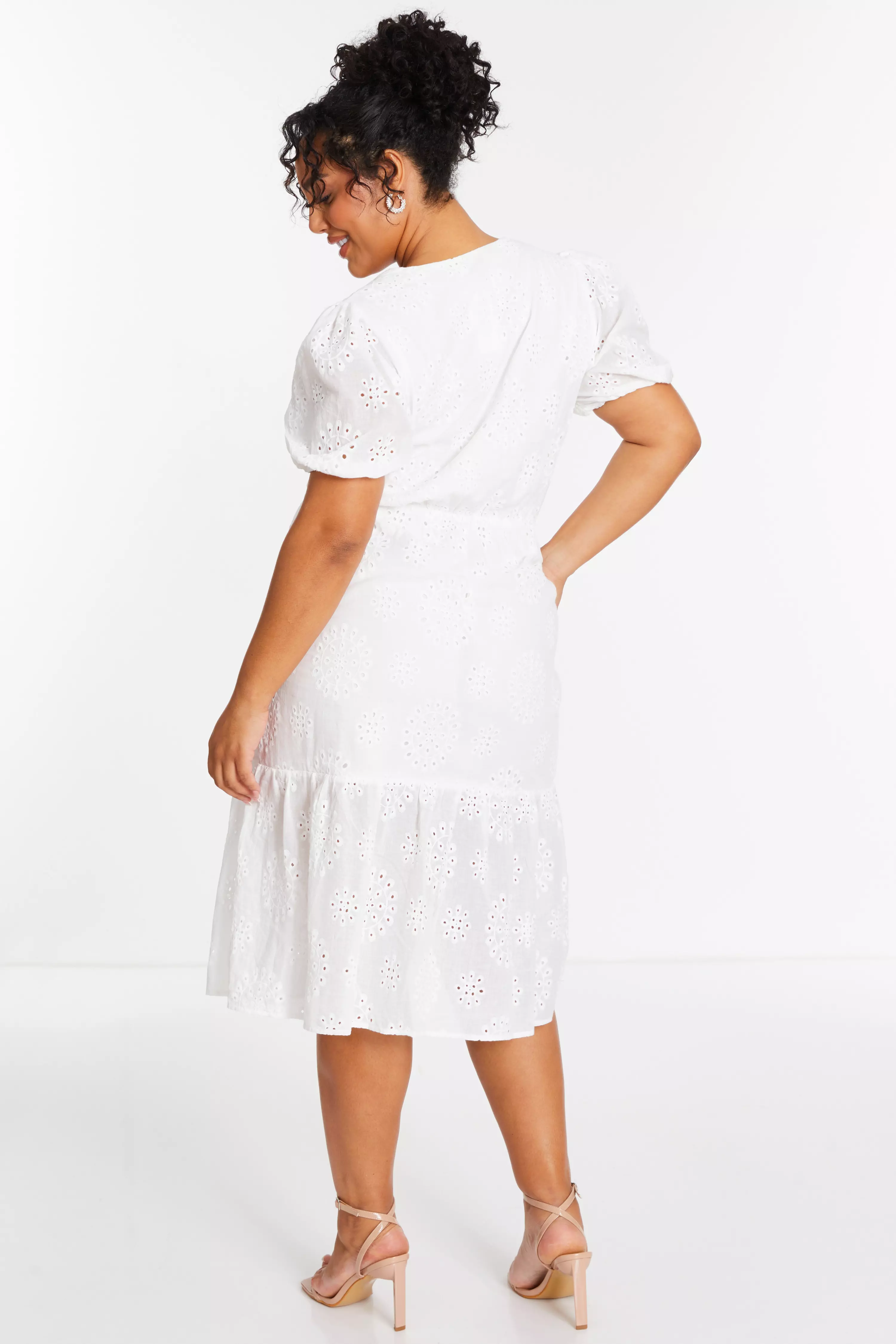 Curve White Embroidered Wrap Midi Dress