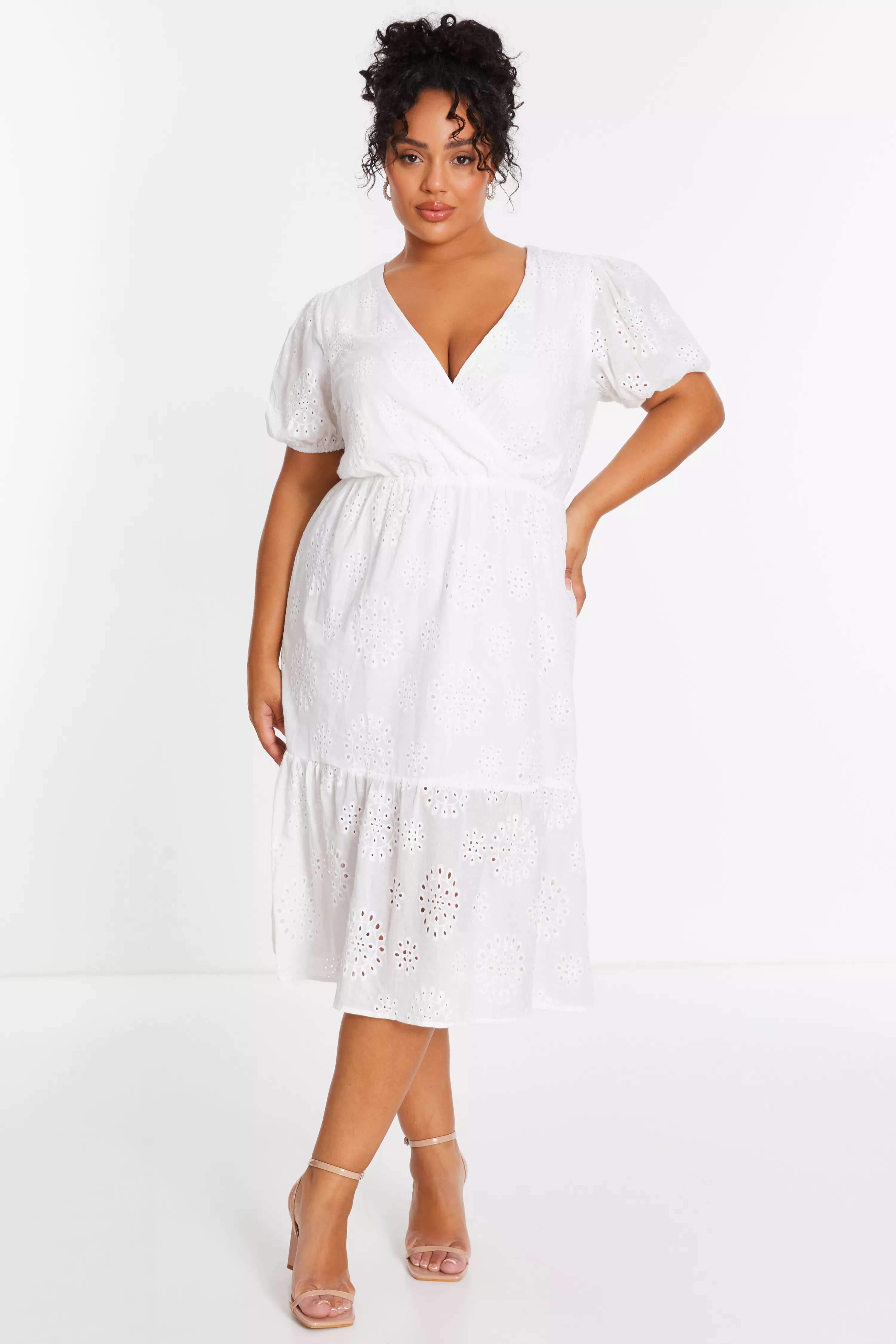 Curve White Broderie Wrap Midi Dress