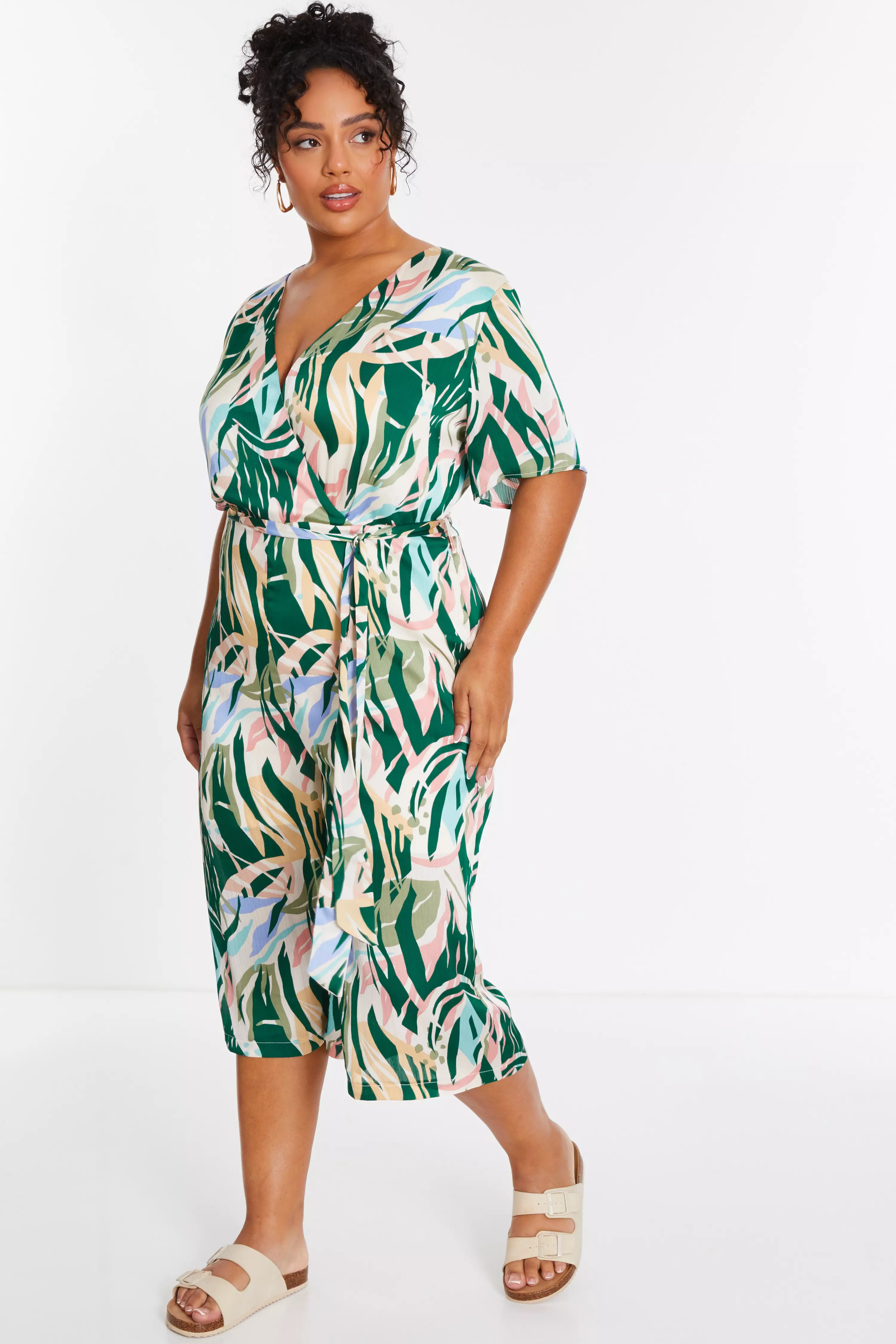 Curve Green Tropical Wrap Culotte Jumpsuit