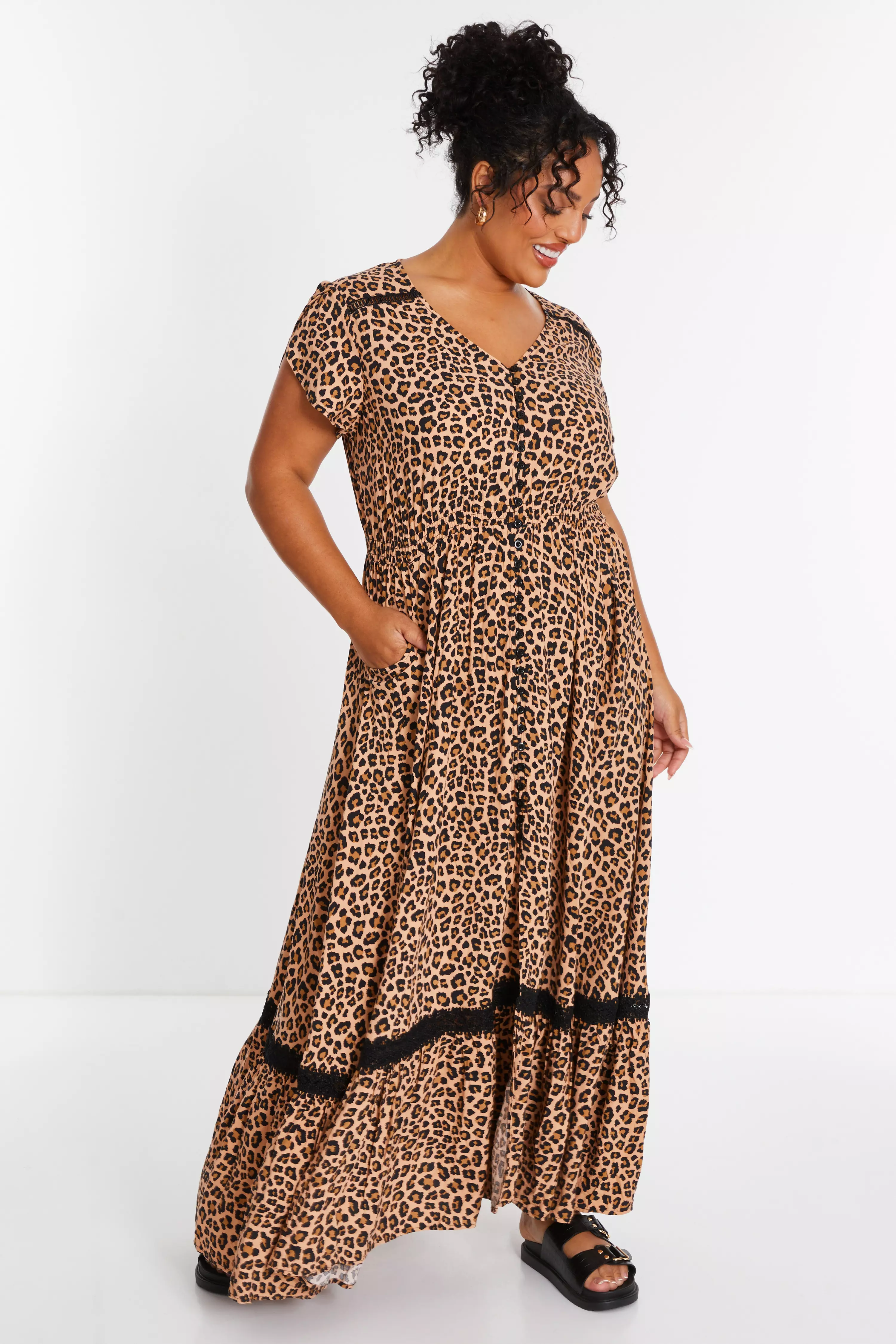 Curve Leopard Print Crochet Trim Maxi Dress