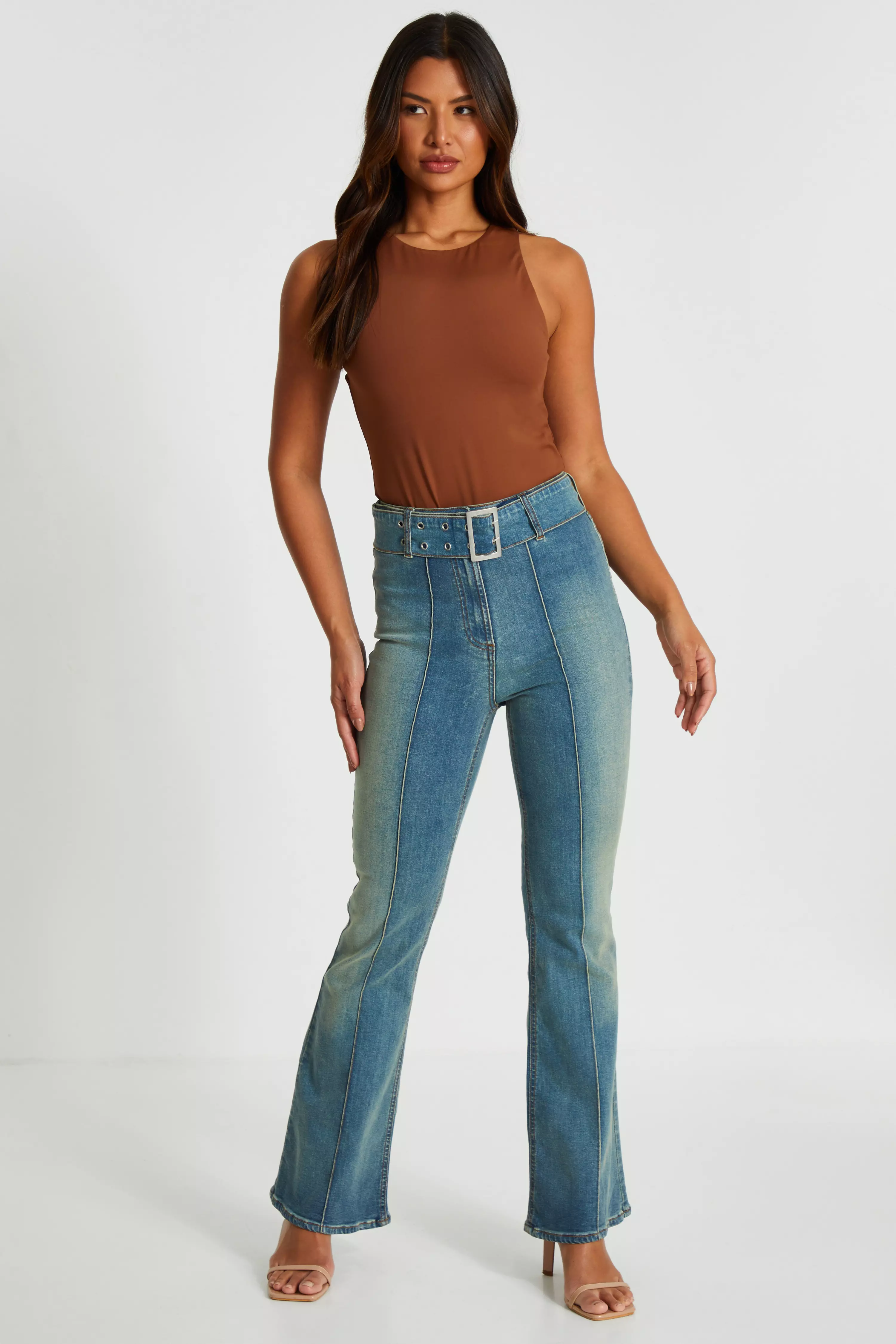 Blue Denim Belted Flared Jeans