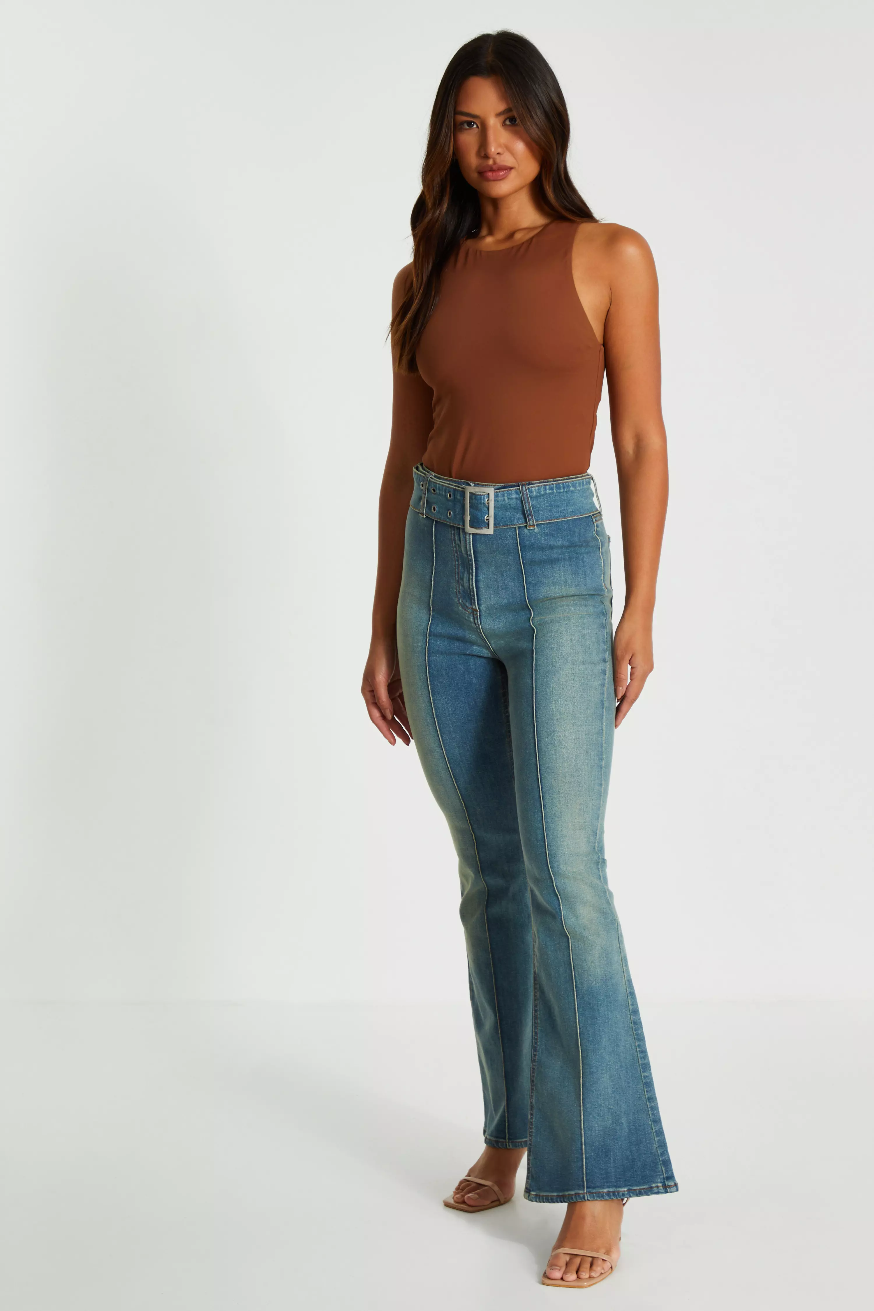 Blue Denim Belted Flared Jeans