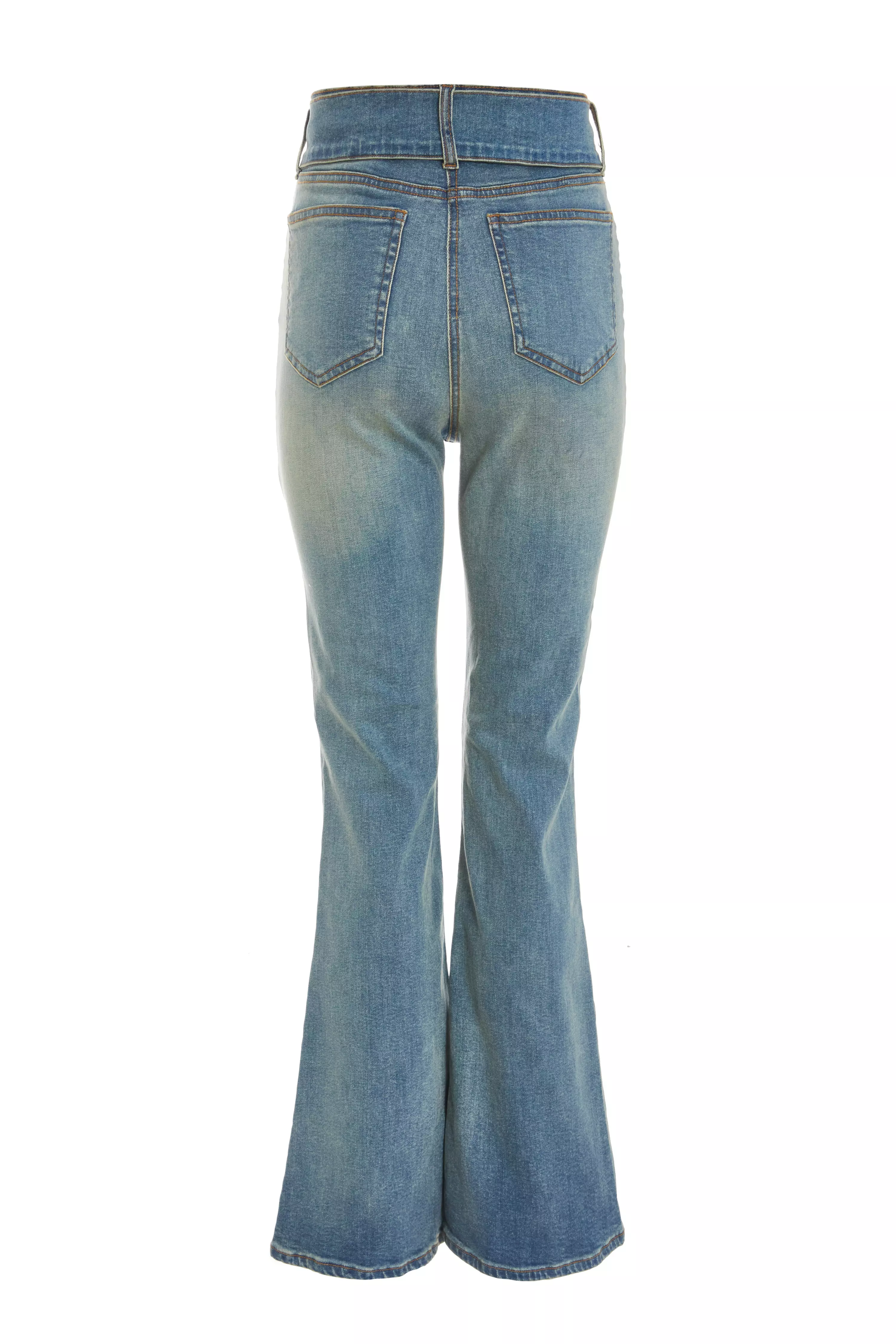 Blue Denim Belted Flared Jeans