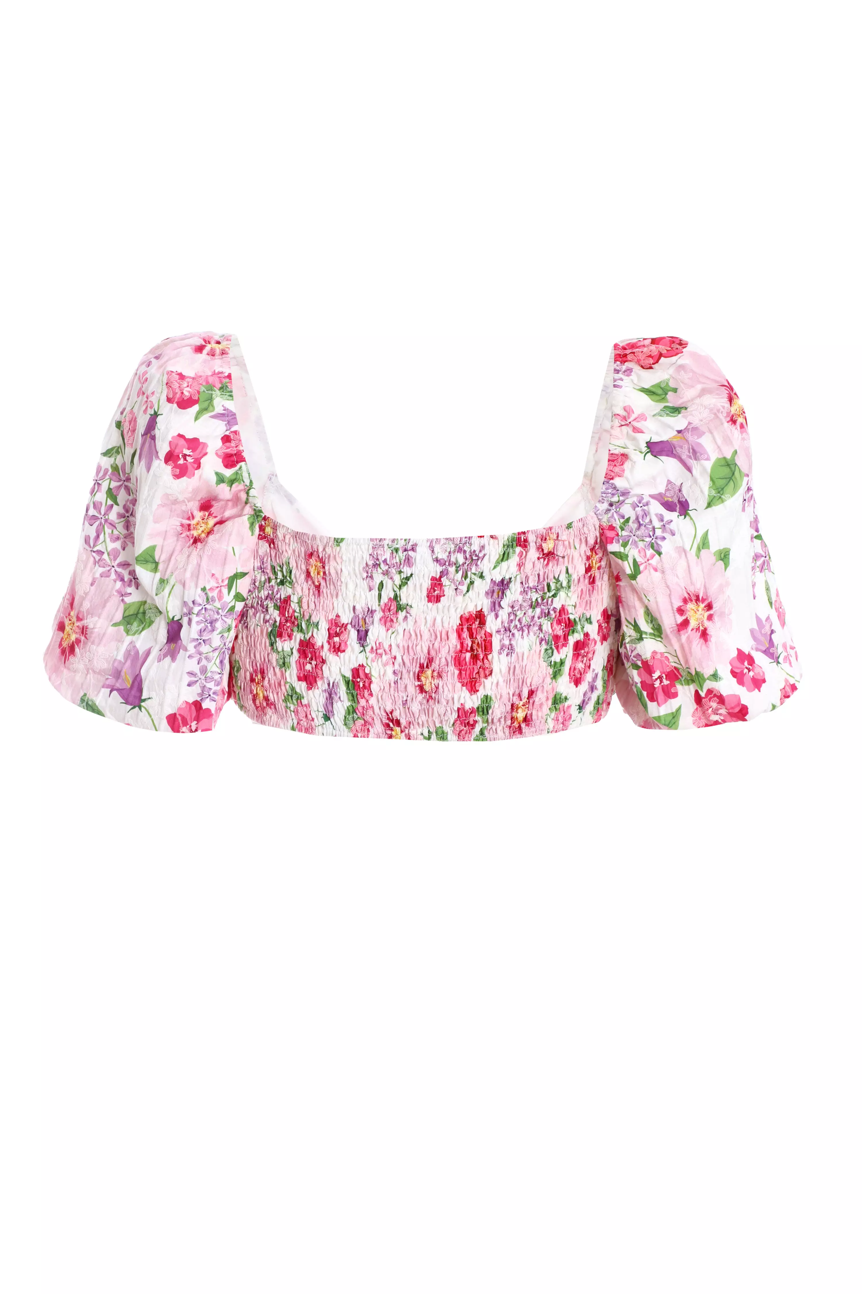 Pink Floral Puff Sleeve Crop Top