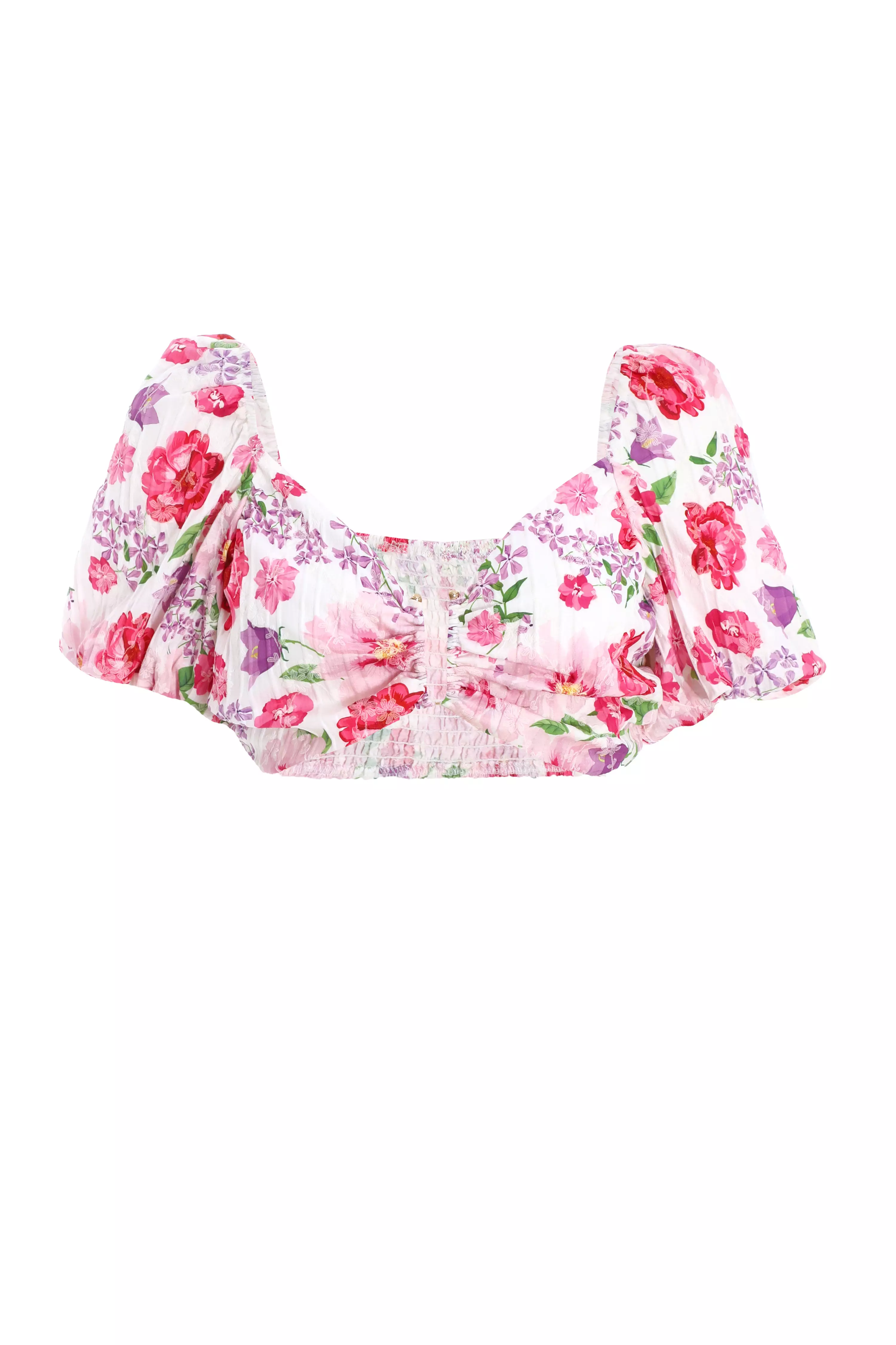 Pink Floral Puff Sleeve Crop Top