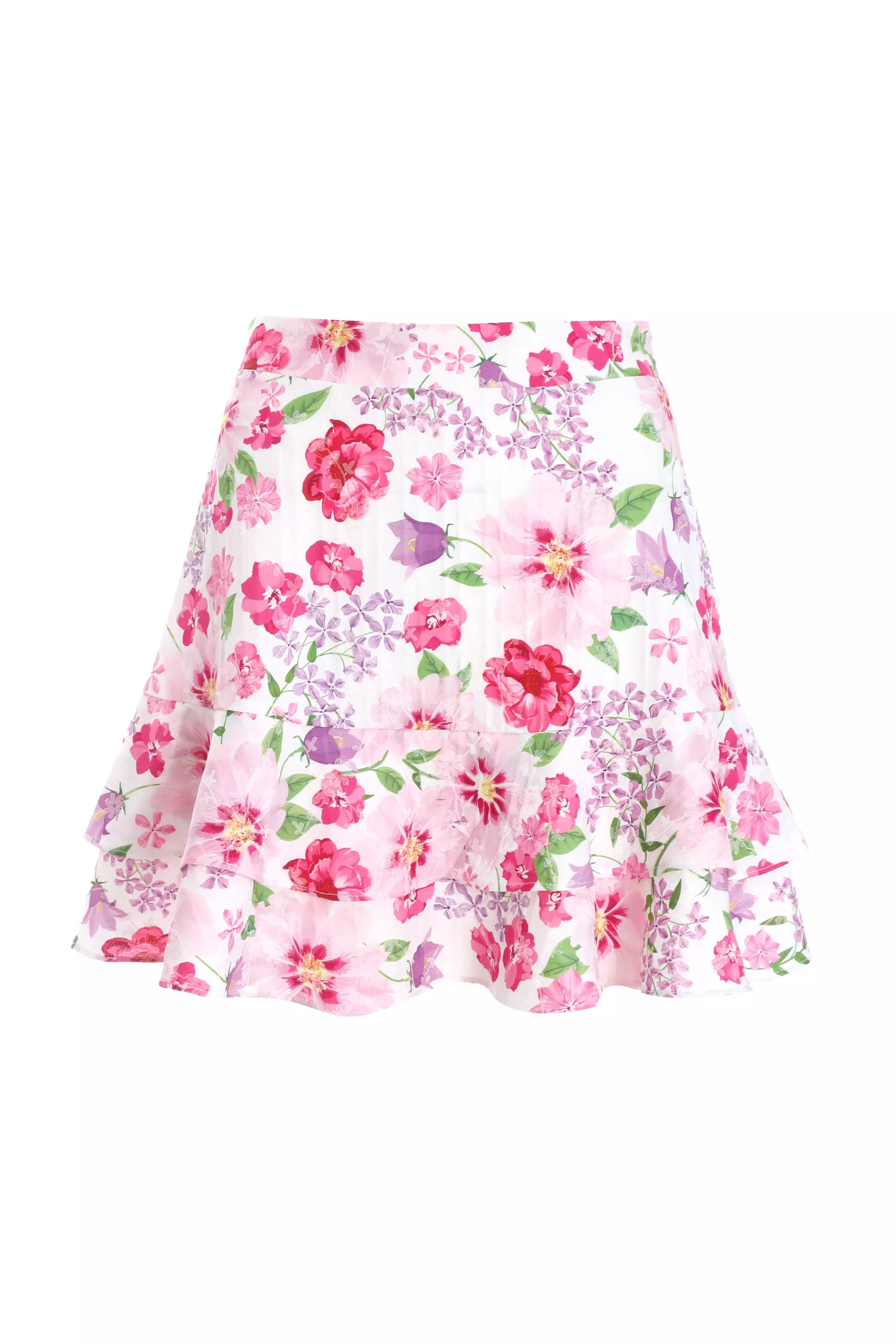 Pink Floral Woven Frill  Mini Skirt