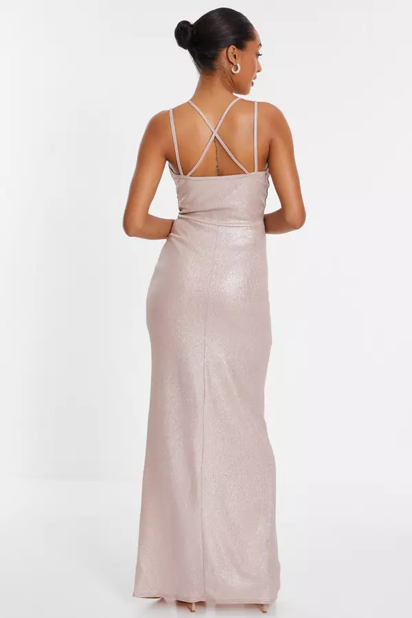 Champagne Shimmer Ruched Maxi Dress 