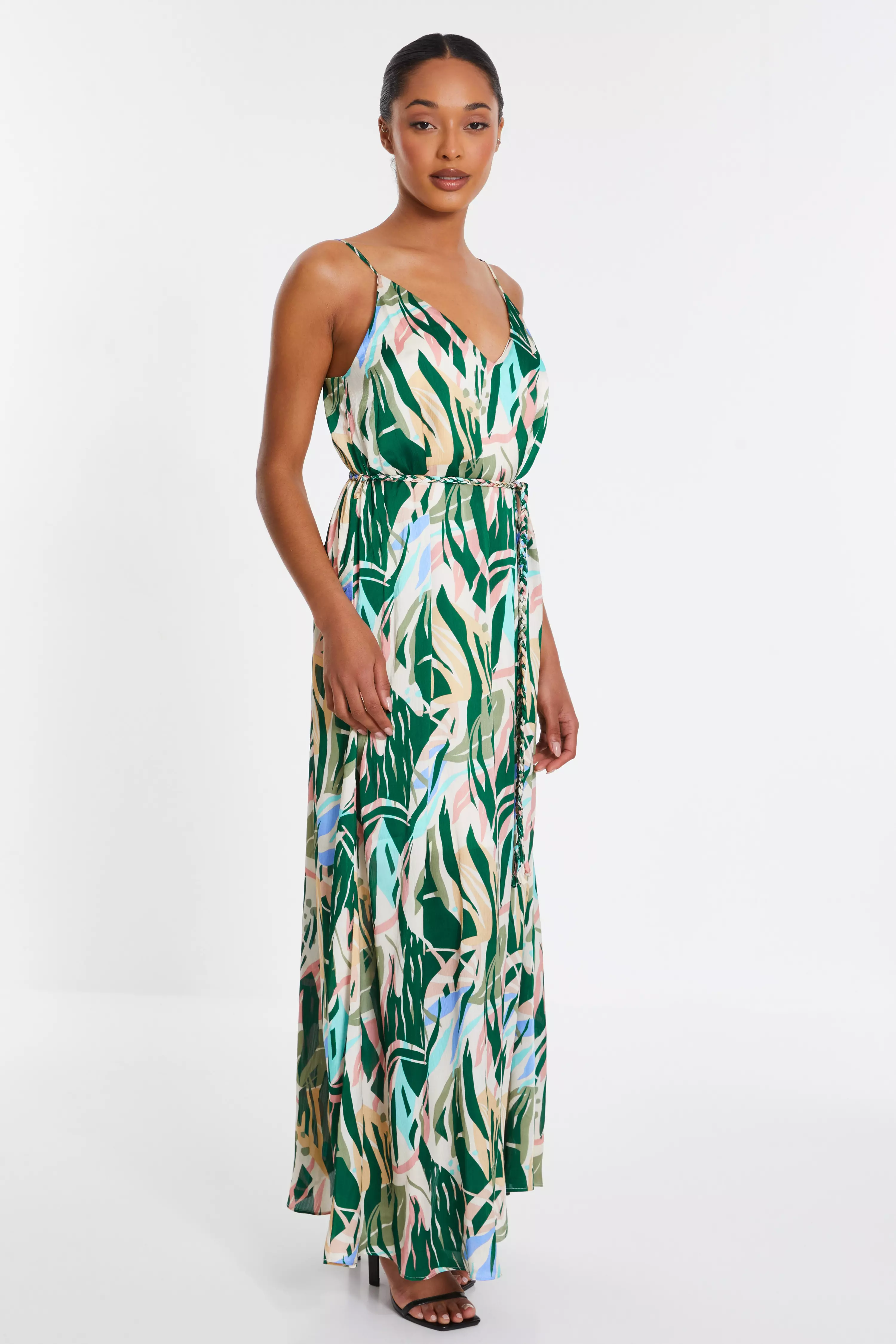 Green Tropical Print Maxi Dress