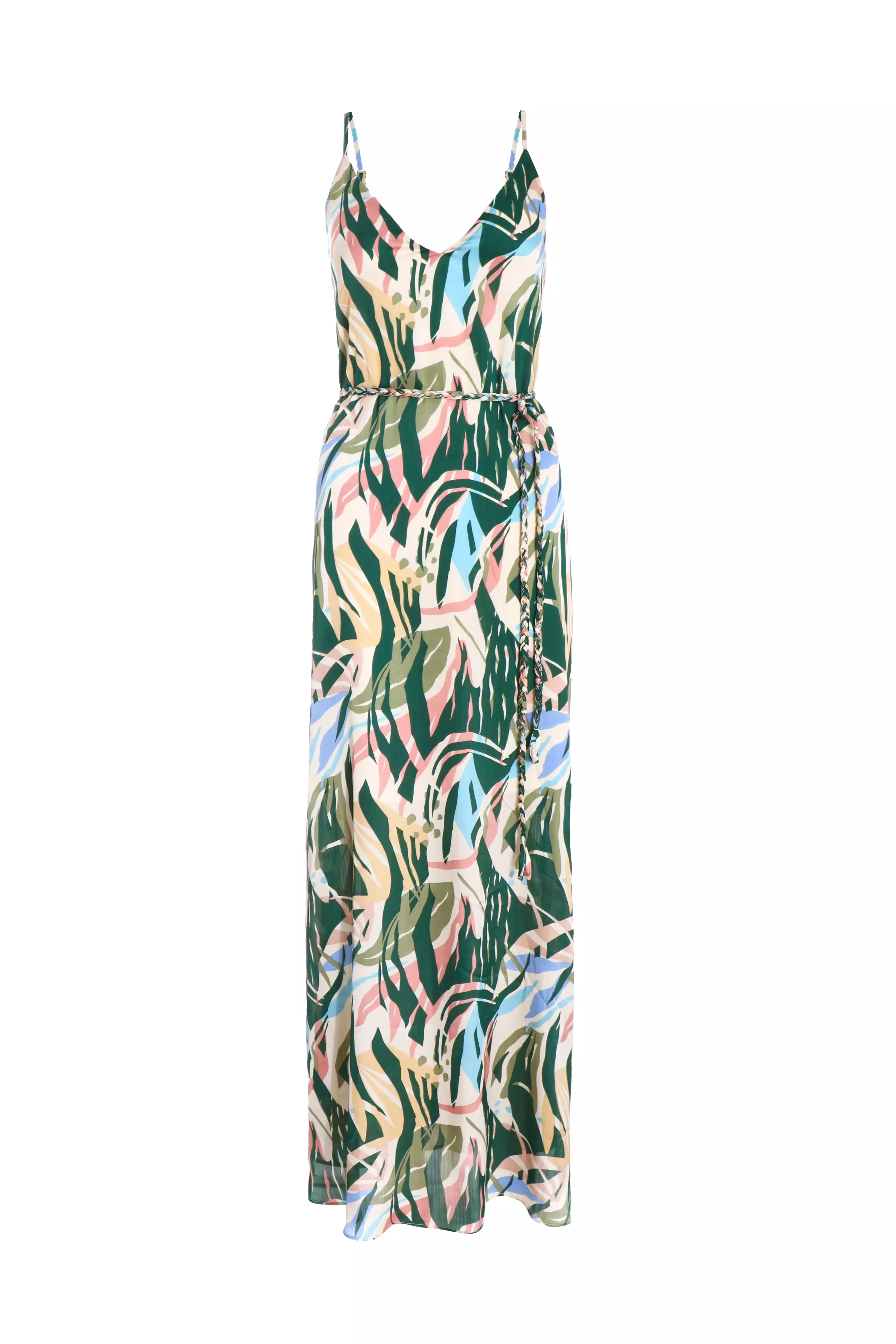 Green Tropical Print Maxi Dress