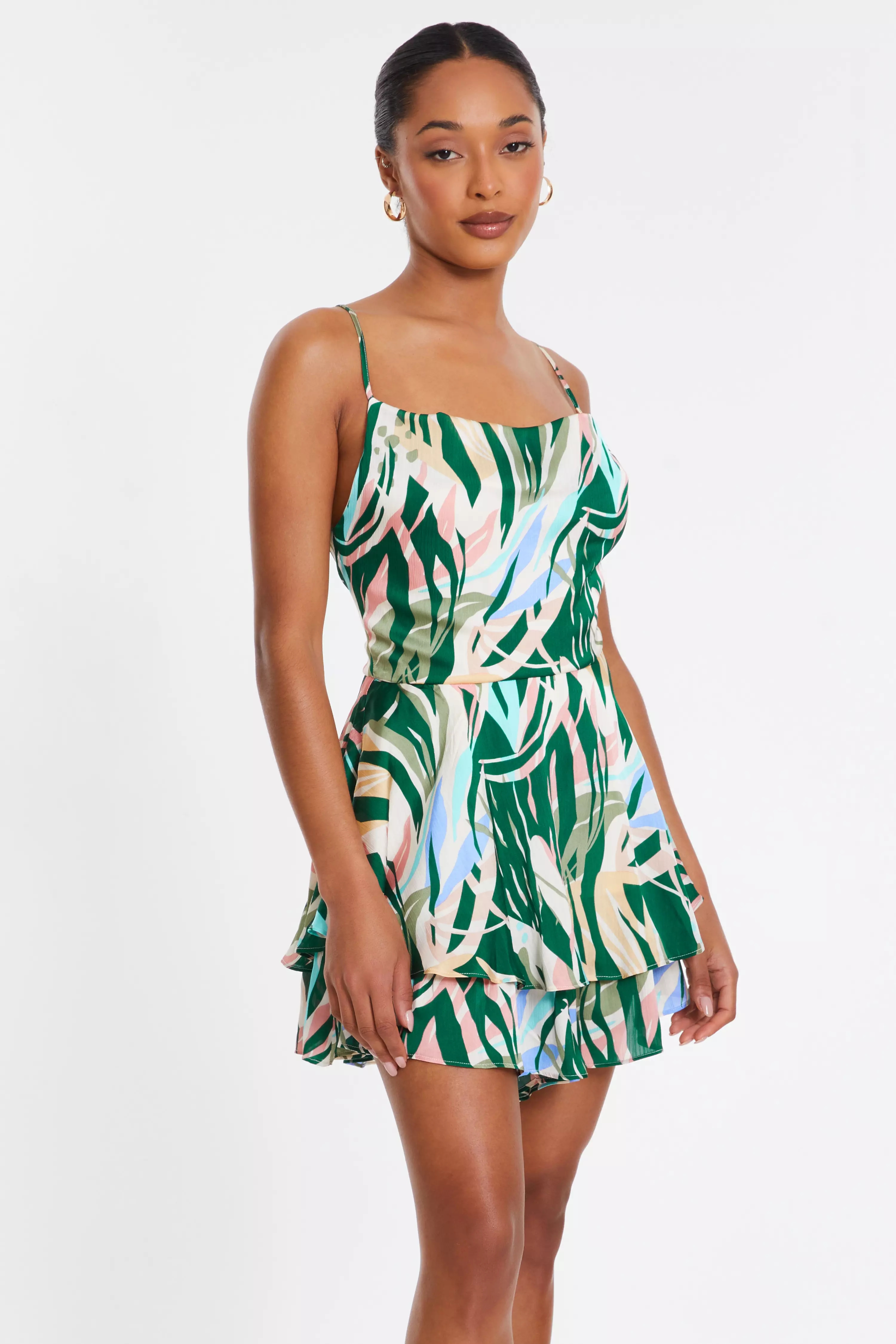 Green Tropical Print Satin Playsuit