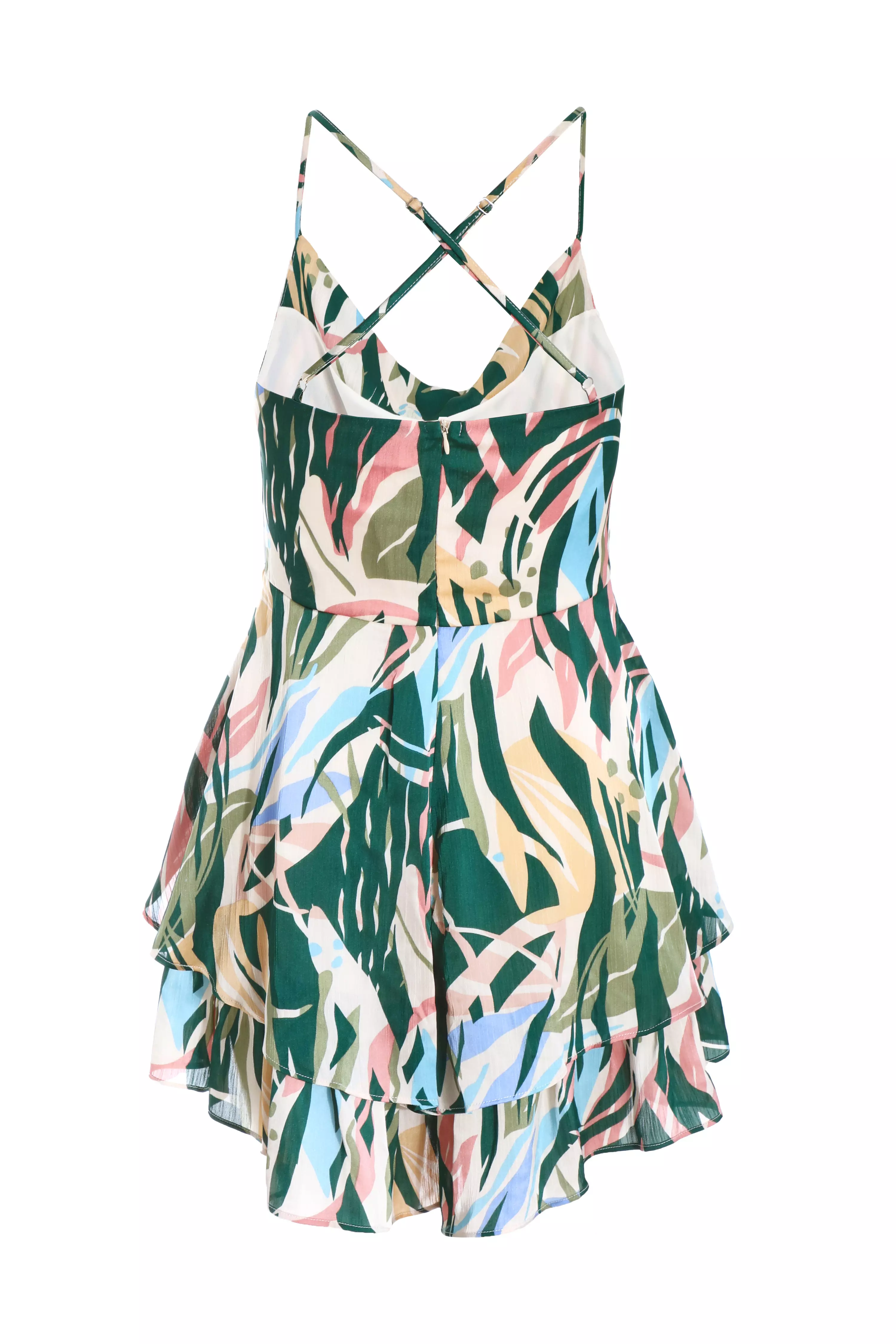 Green Tropical Print Satin Playsuit