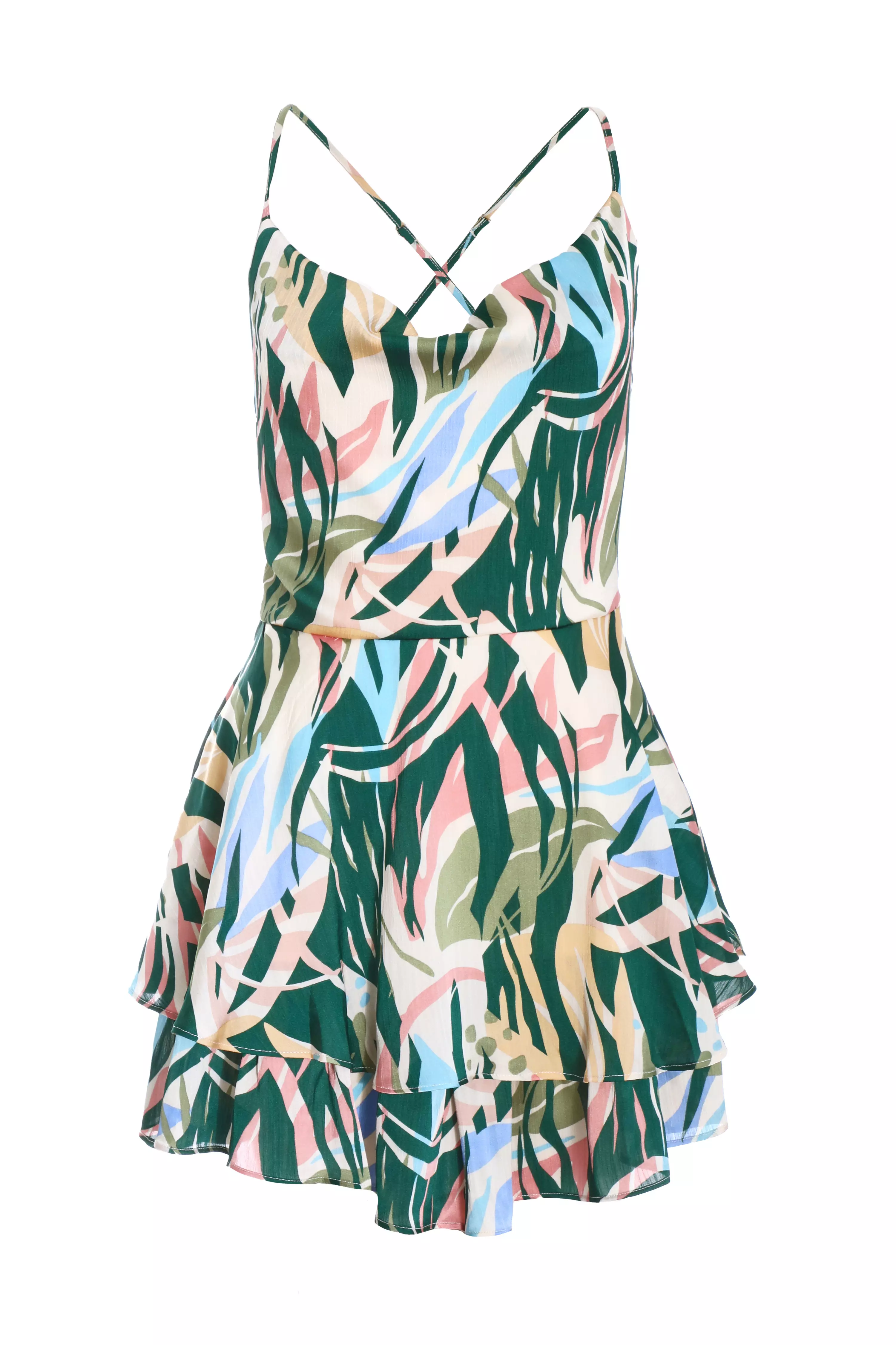 Green Tropical Print Satin Playsuit