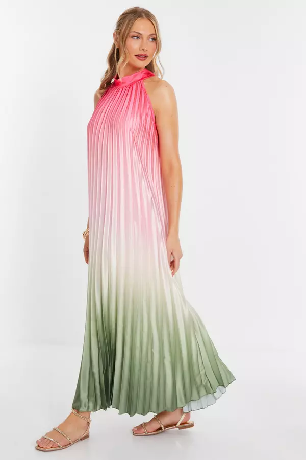 Pink Satin Ombre Pleated Maxi Dress