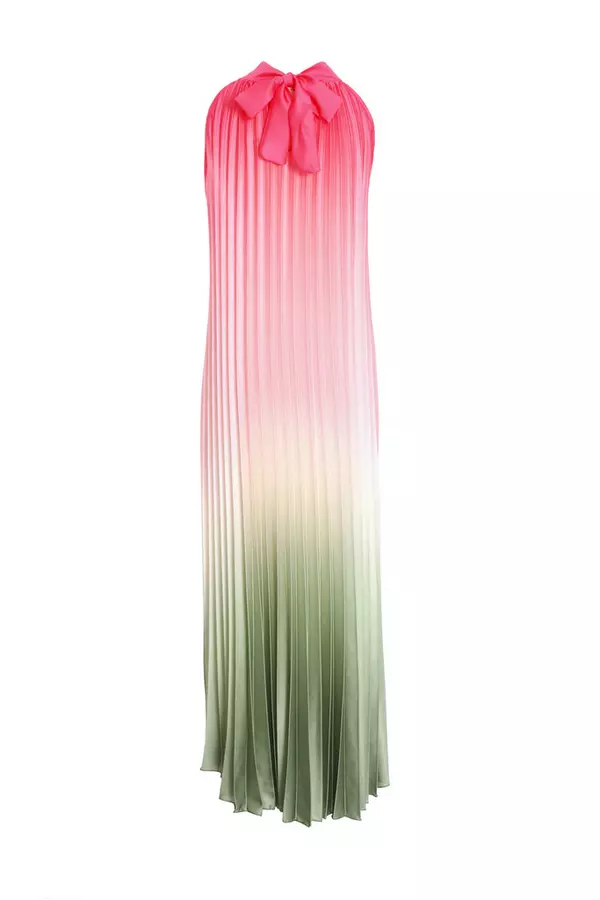 Pink Satin Ombre Pleated Maxi Dress