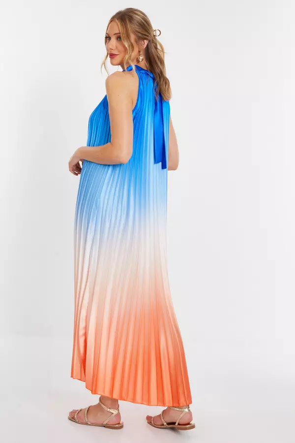 Blue Satin Ombre Pleated Maxi Dress