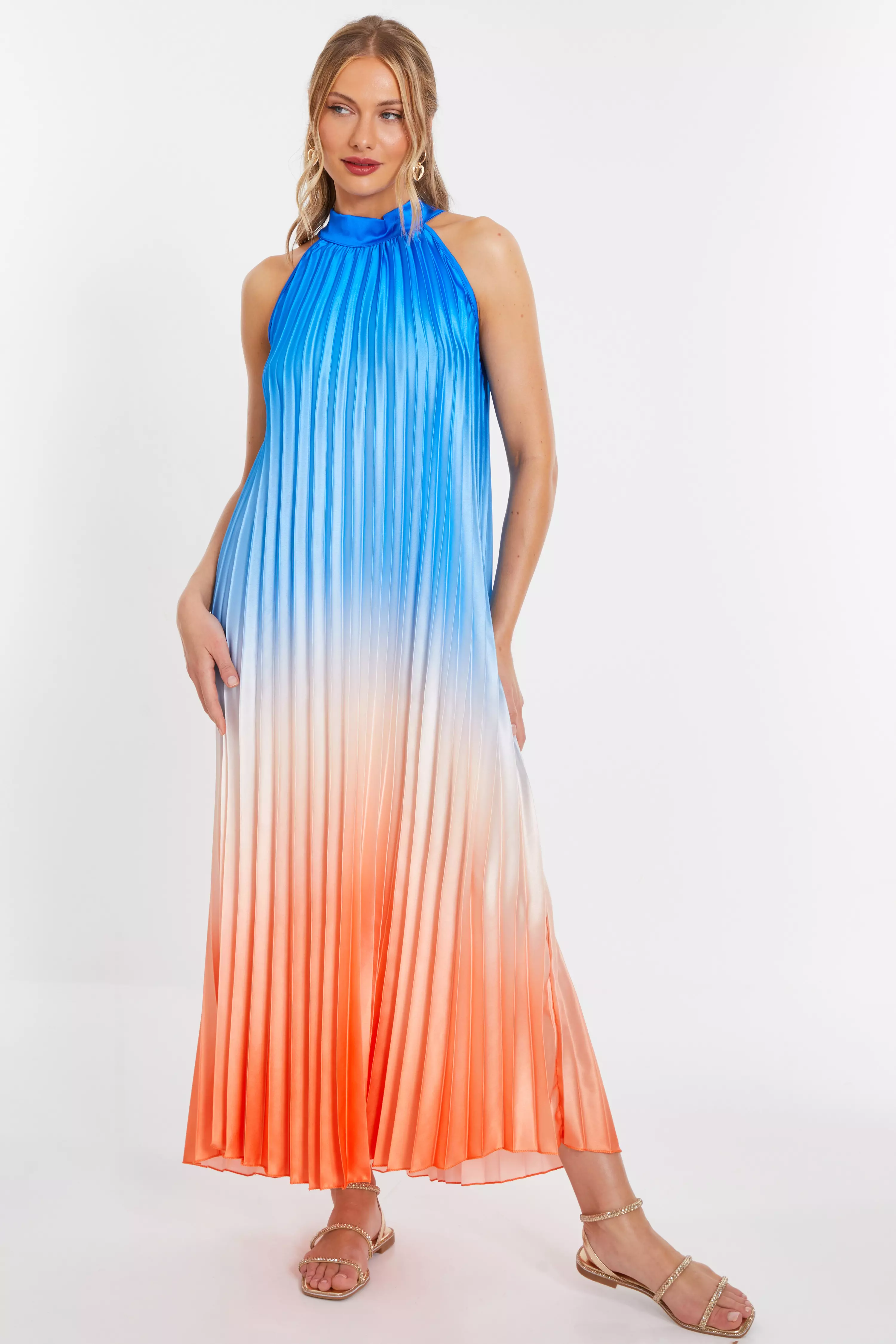 Blue Satin Ombre Pleated Maxi Dress