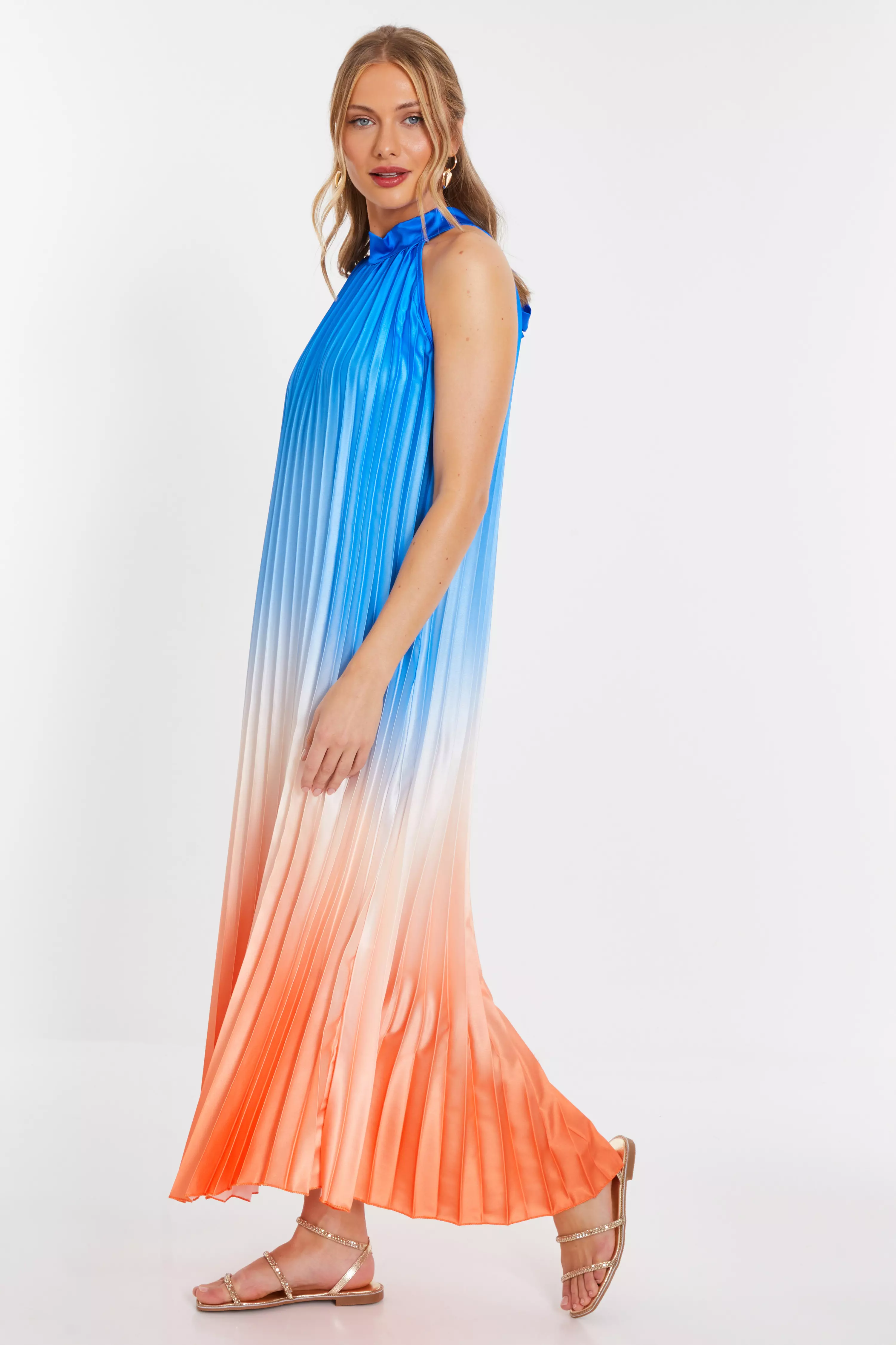 Blue Satin Ombre Pleated Maxi Dress