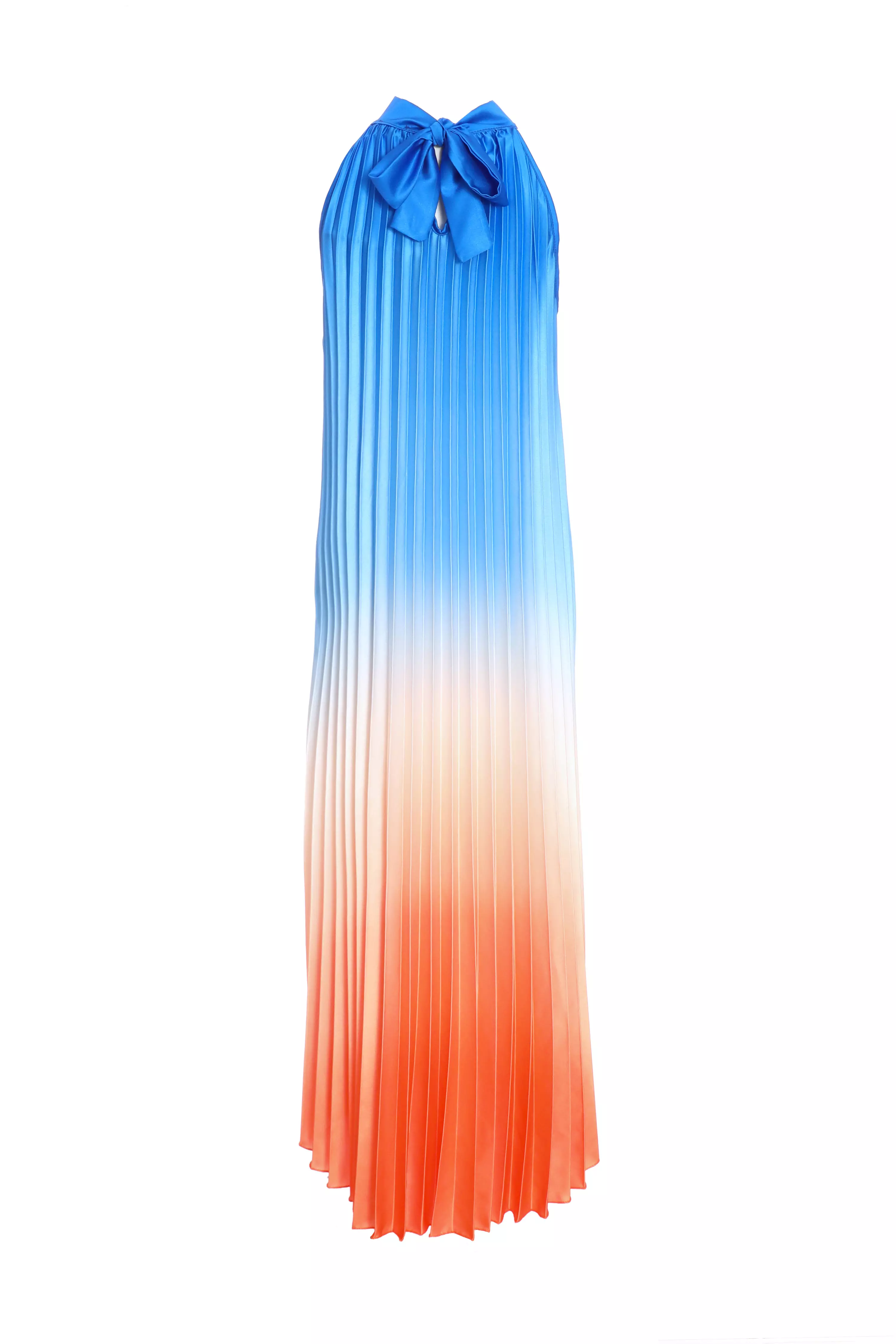 Blue Satin Ombre Pleated Maxi Dress