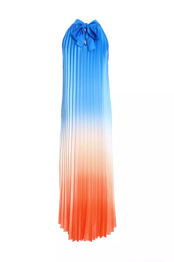 Blue Satin Ombre Pleated Maxi Dress