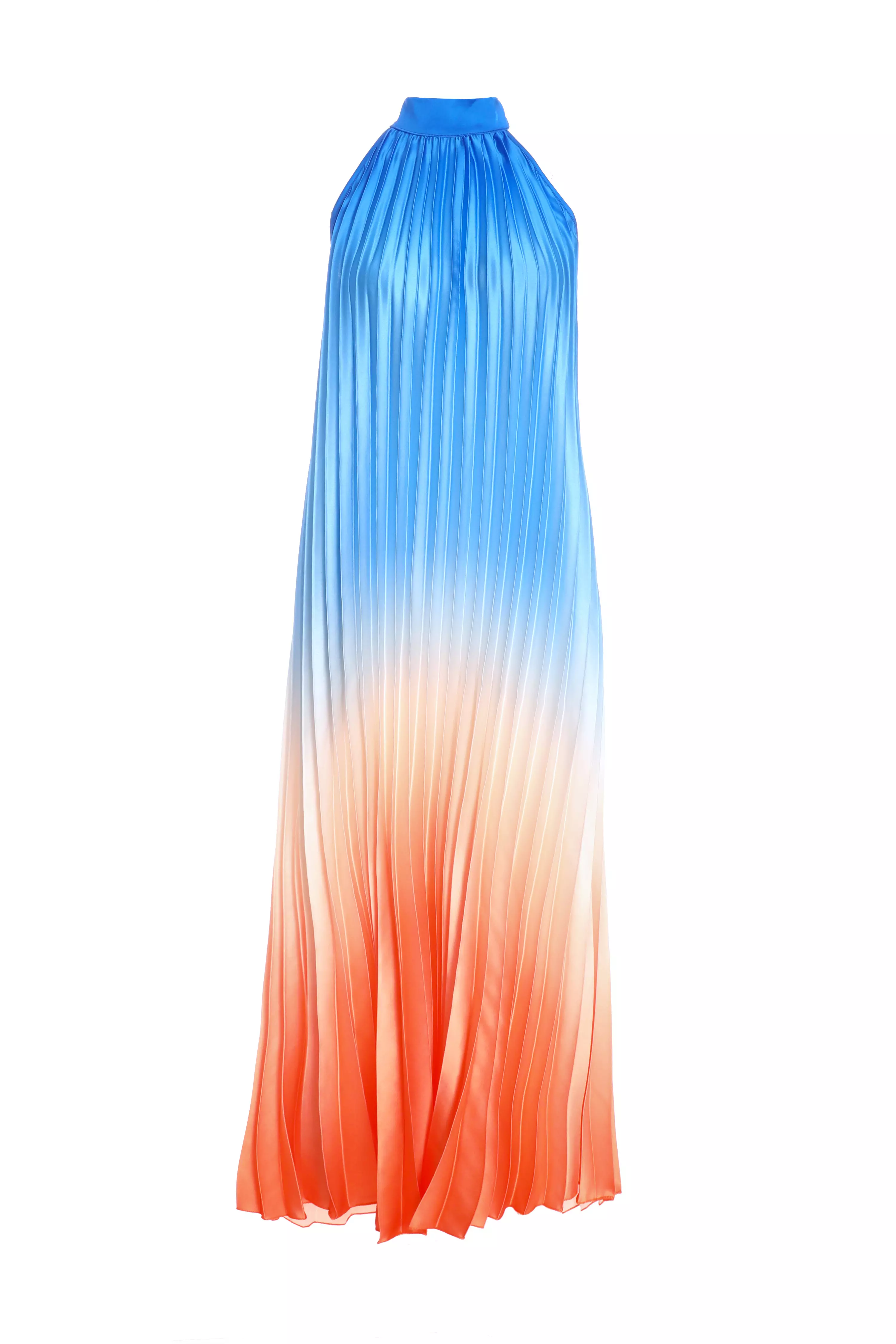 Blue Satin Ombre Pleated Maxi Dress