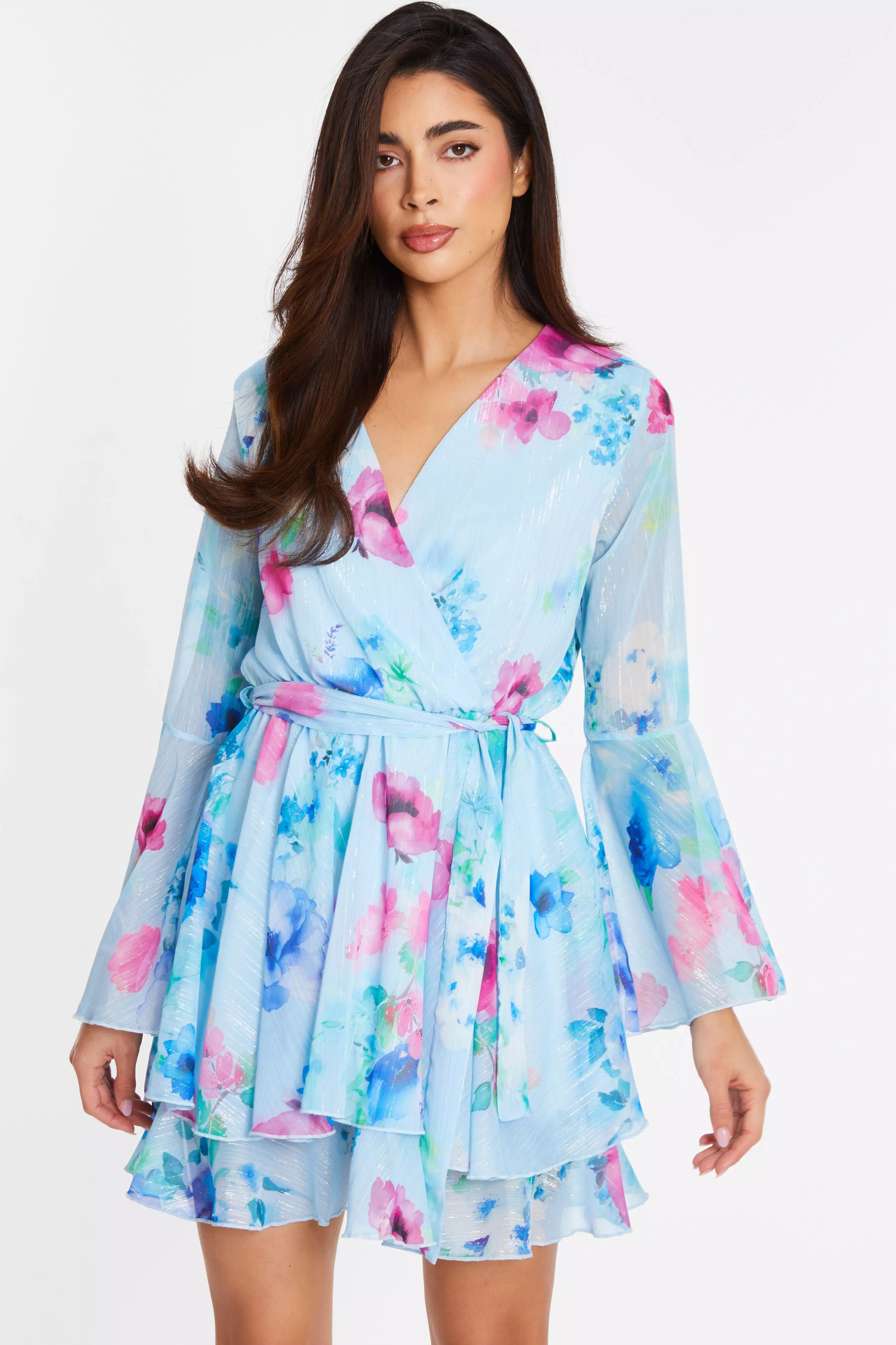 Blue Floral Chiffon Skater Dress