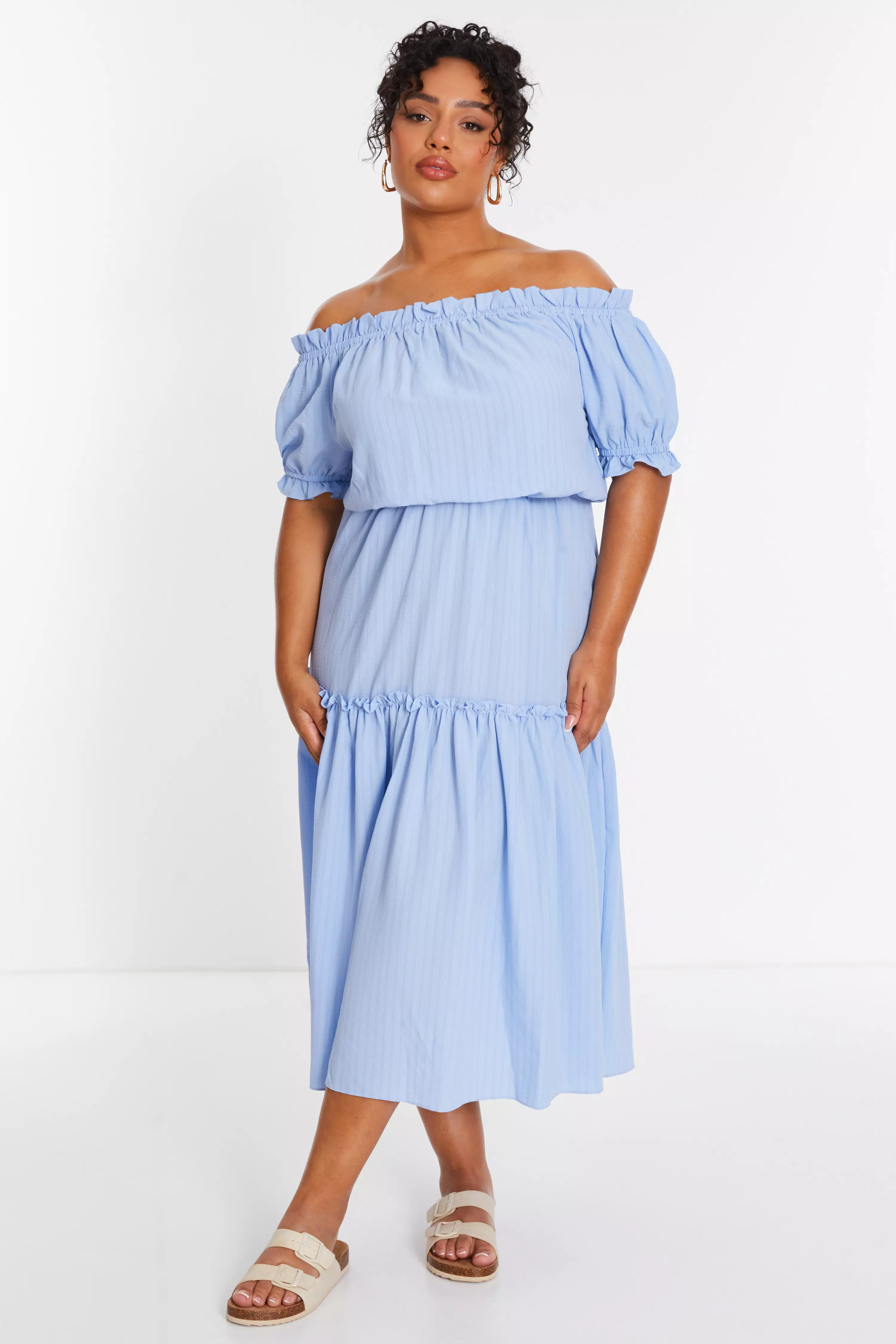 Curve Blue Textured Bardot Midaxi Dress