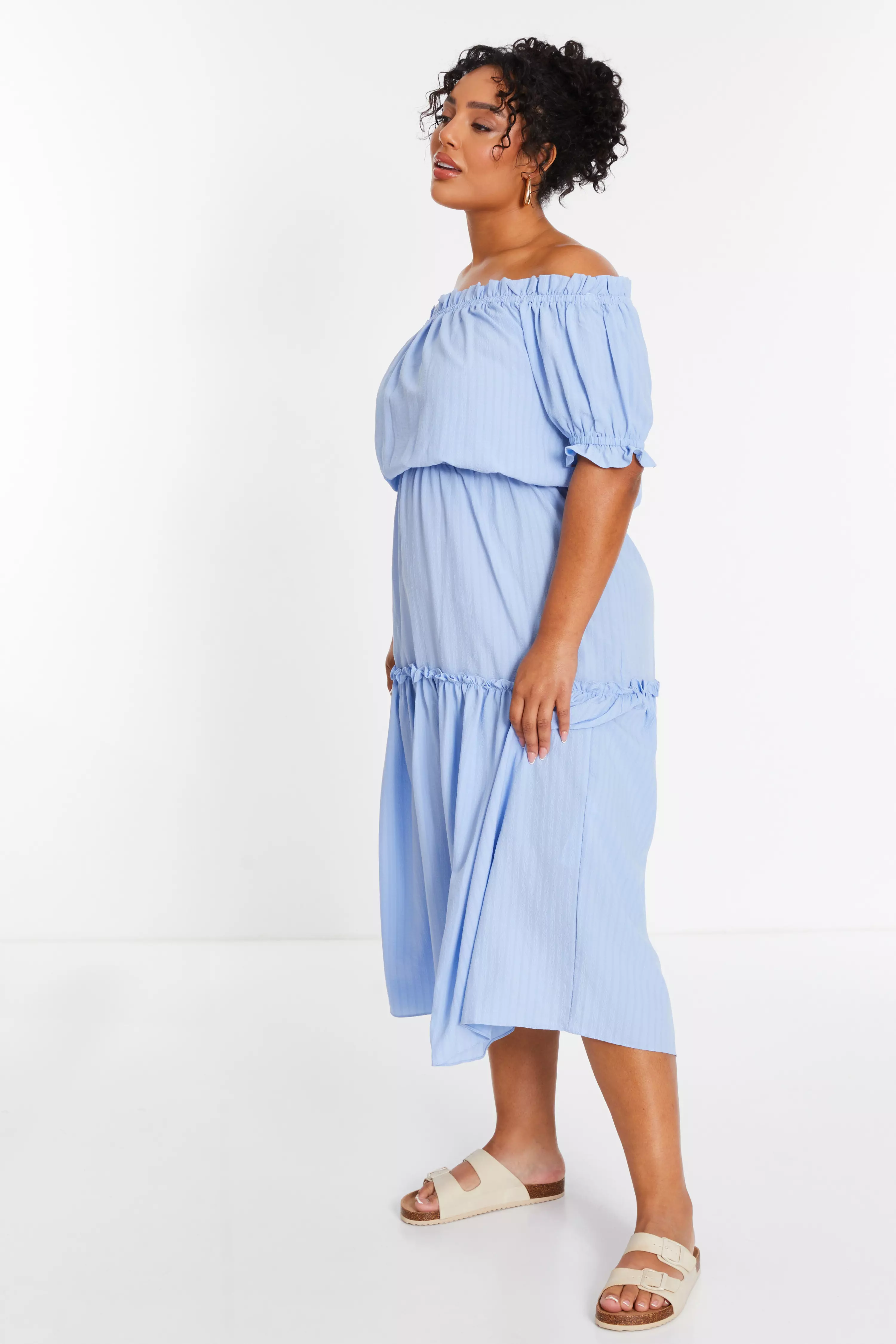 Curve Blue Textured Bardot Midaxi Dress