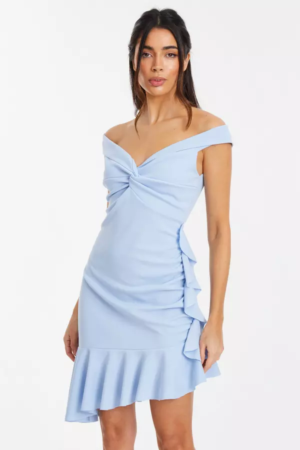 Light Blue Frill Bardot Mini Dress