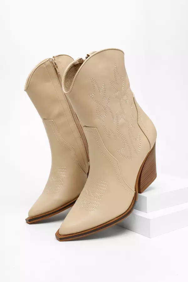 Nude Faux Leather Western Ankle Boots