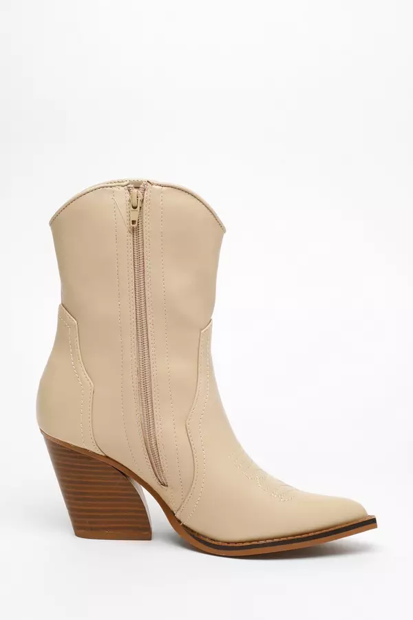 Nude Faux Leather Western Ankle Boots
