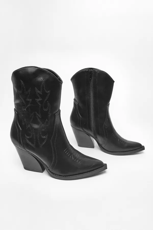 Black Faux Leather Western Ankle Boots