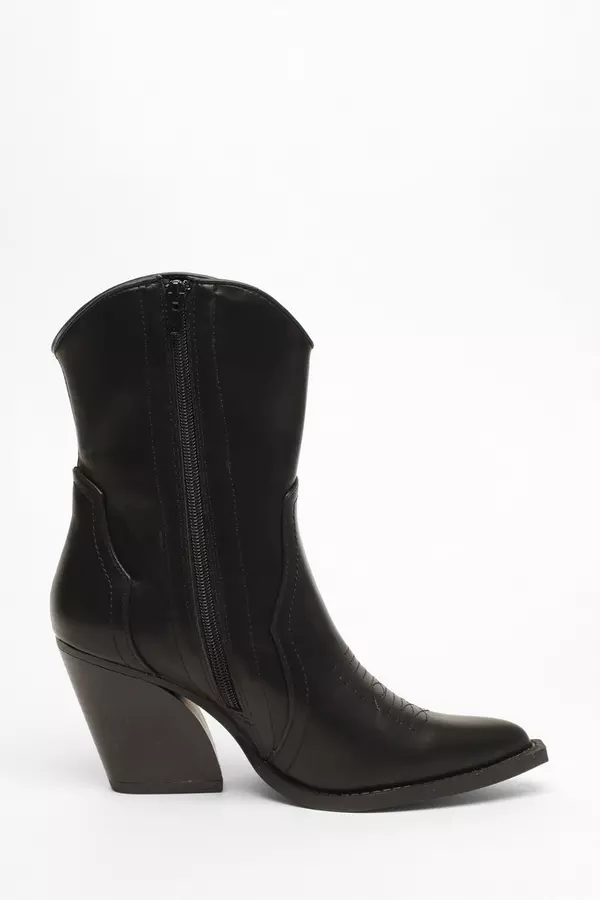 Black Faux Leather Western Ankle Boots