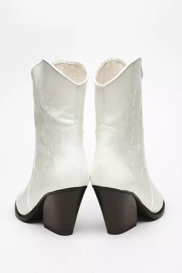 White Faux Leather Western Ankle Boots