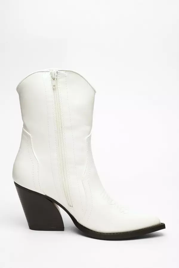White Faux Leather Western Ankle Boots