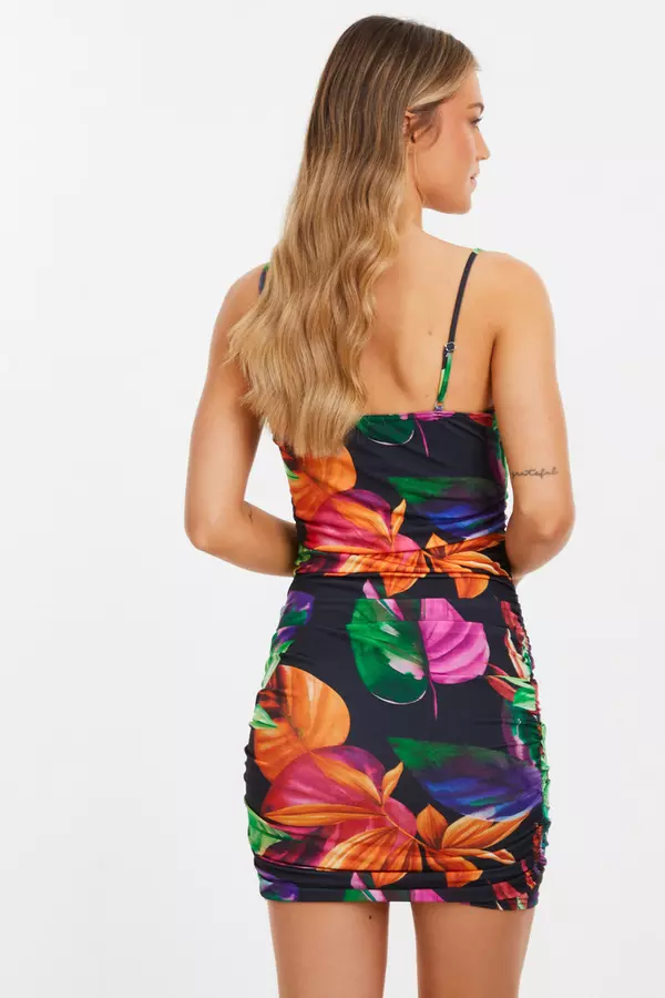 Black Tropical Print Mini Dress
