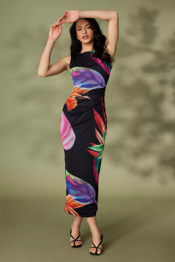 Black Mesh Tropical Print Midaxi Dress
