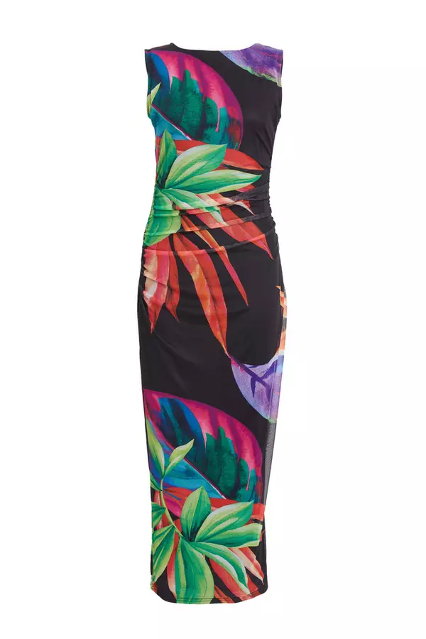 Black Mesh Tropical Print Midaxi Dress
