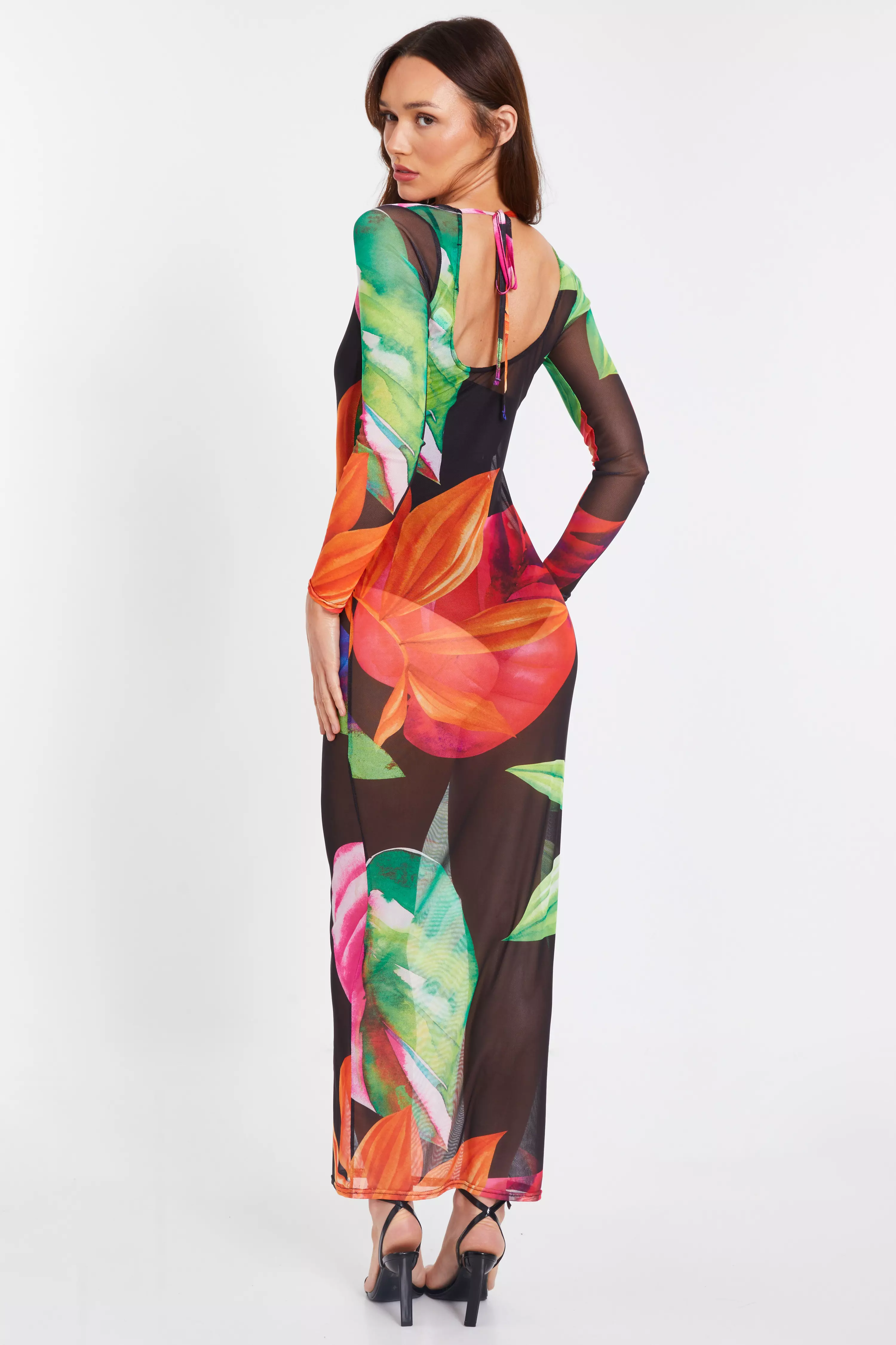 Black Mesh Tropical Print Maxi Dress