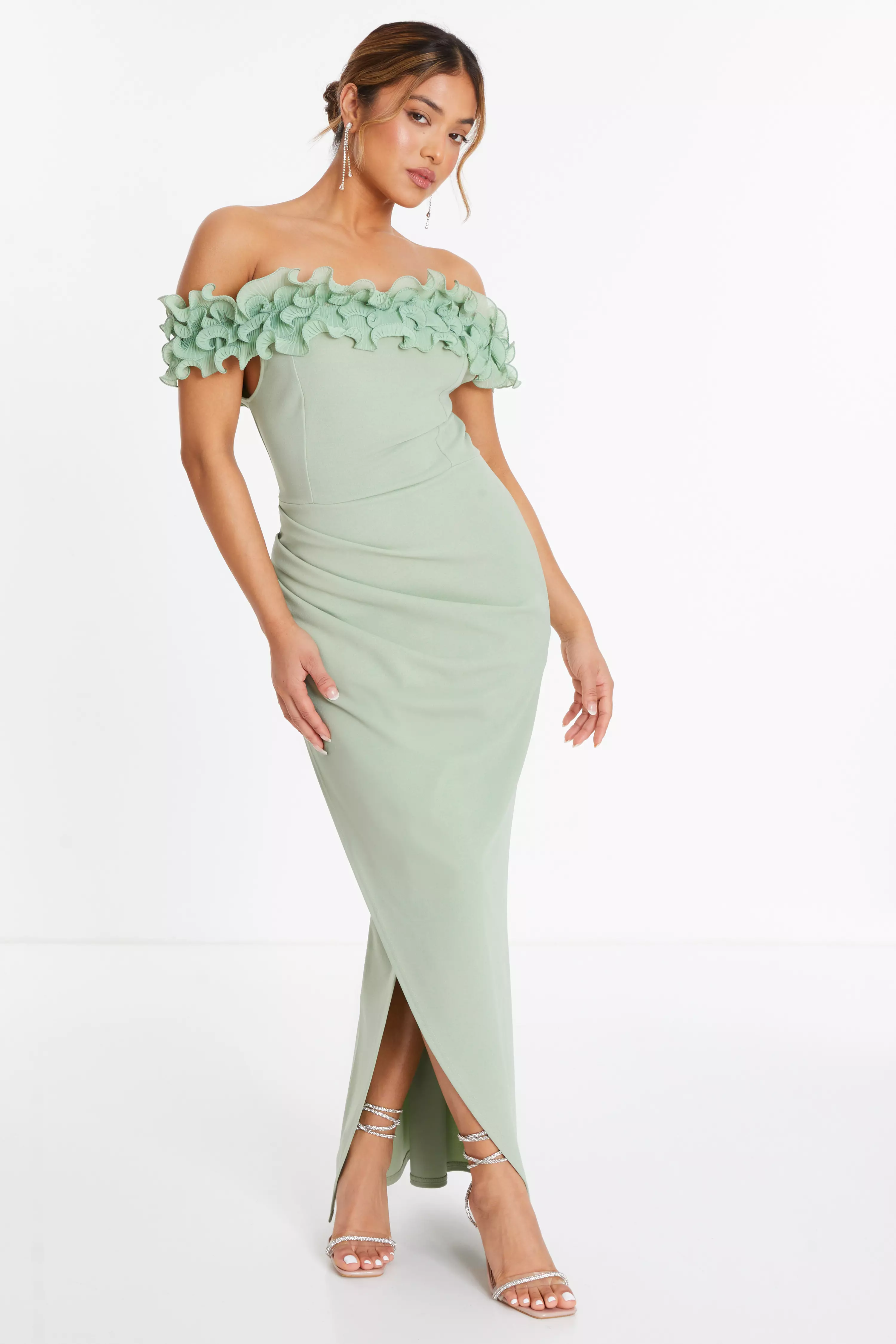 Petite Sage Green Ruffle Bardot Maxi Dress