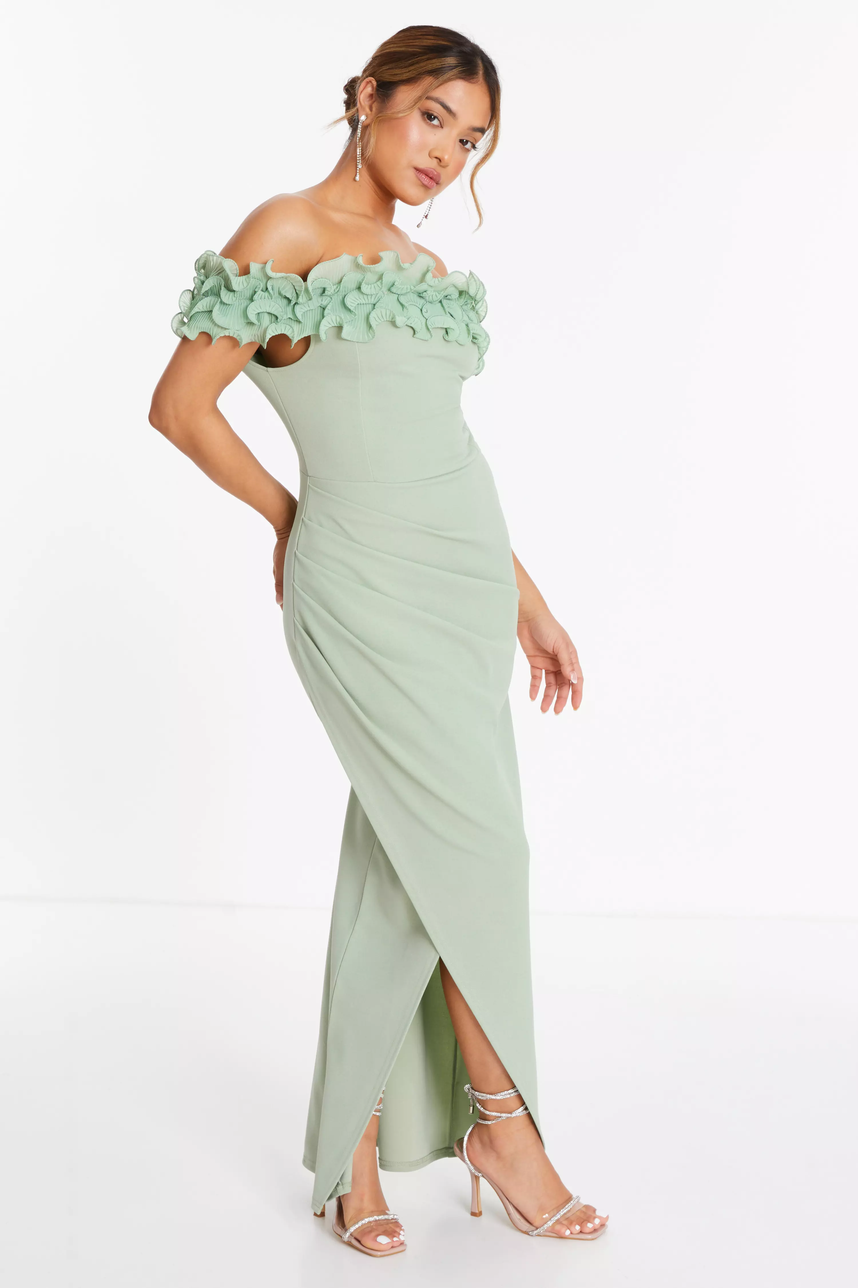 Petite Sage Green Ruffle Bardot Maxi Dress