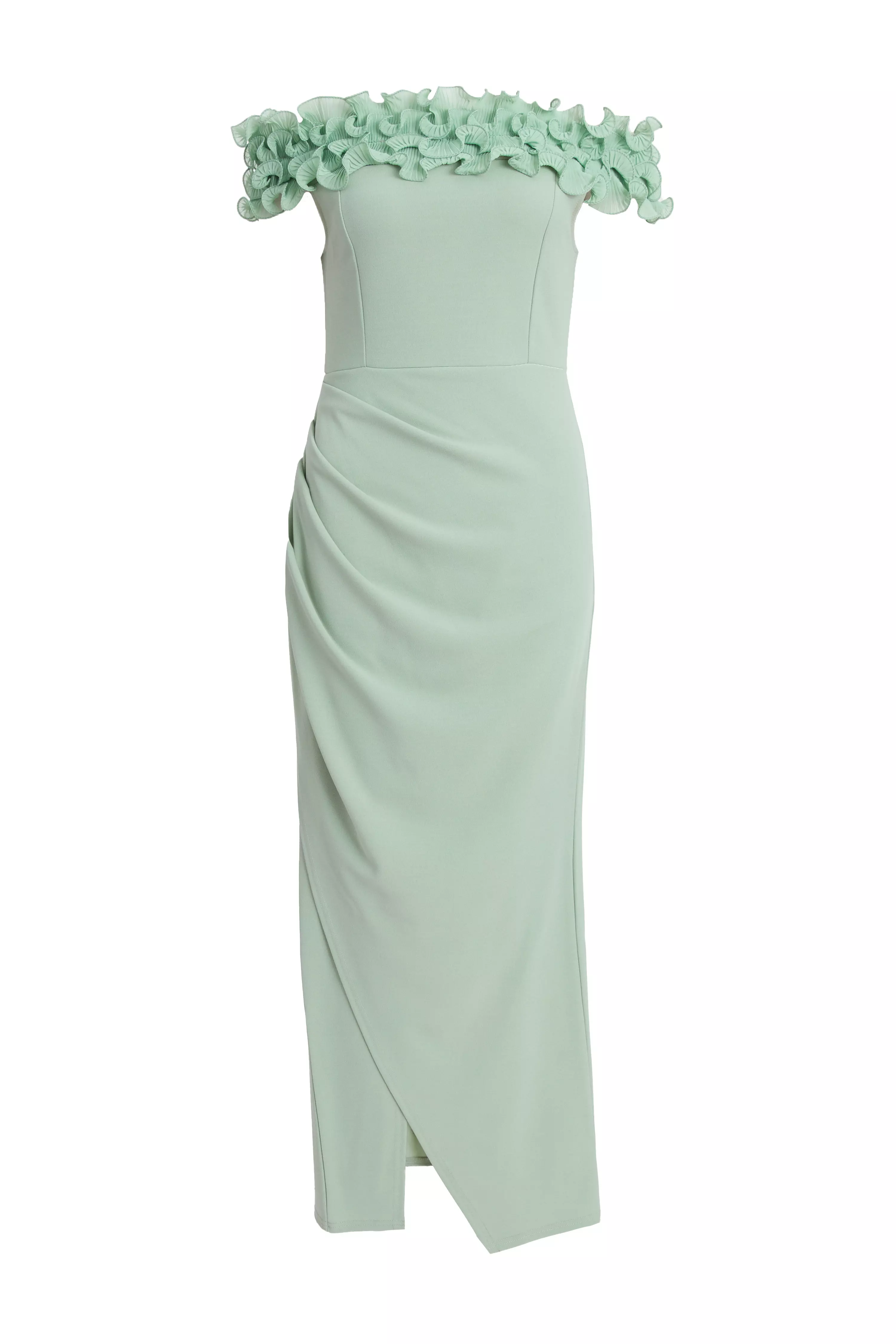 Petite Sage Green Ruffle Bardot Maxi Dress