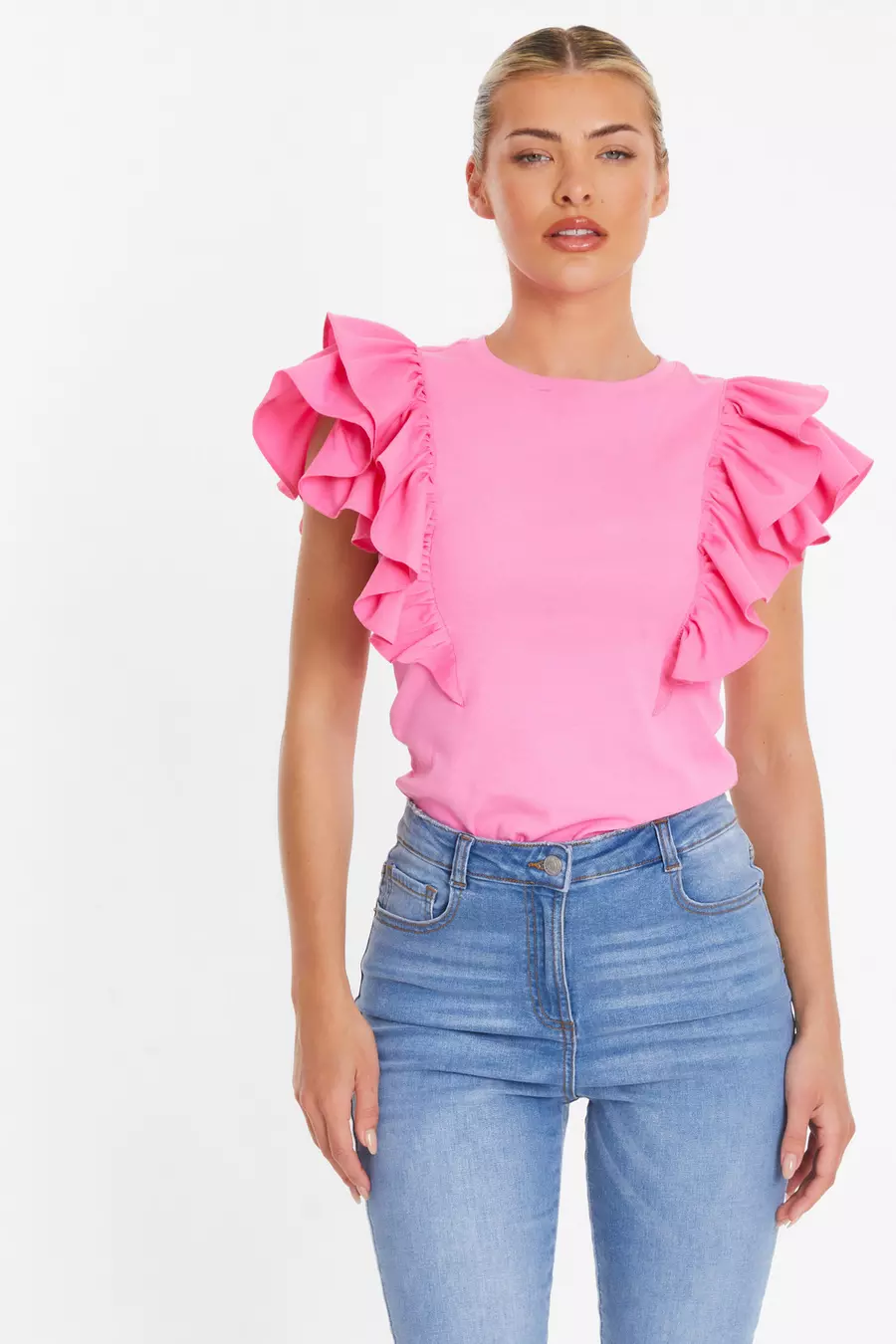 Pink top with ruffle sleeves on sale