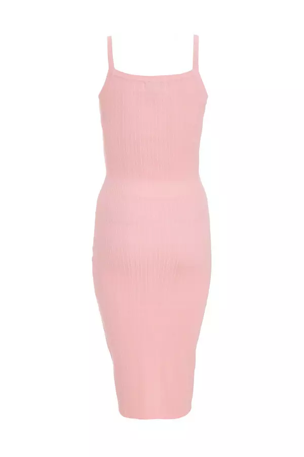 Pink Knitted Button Front Midi Dress