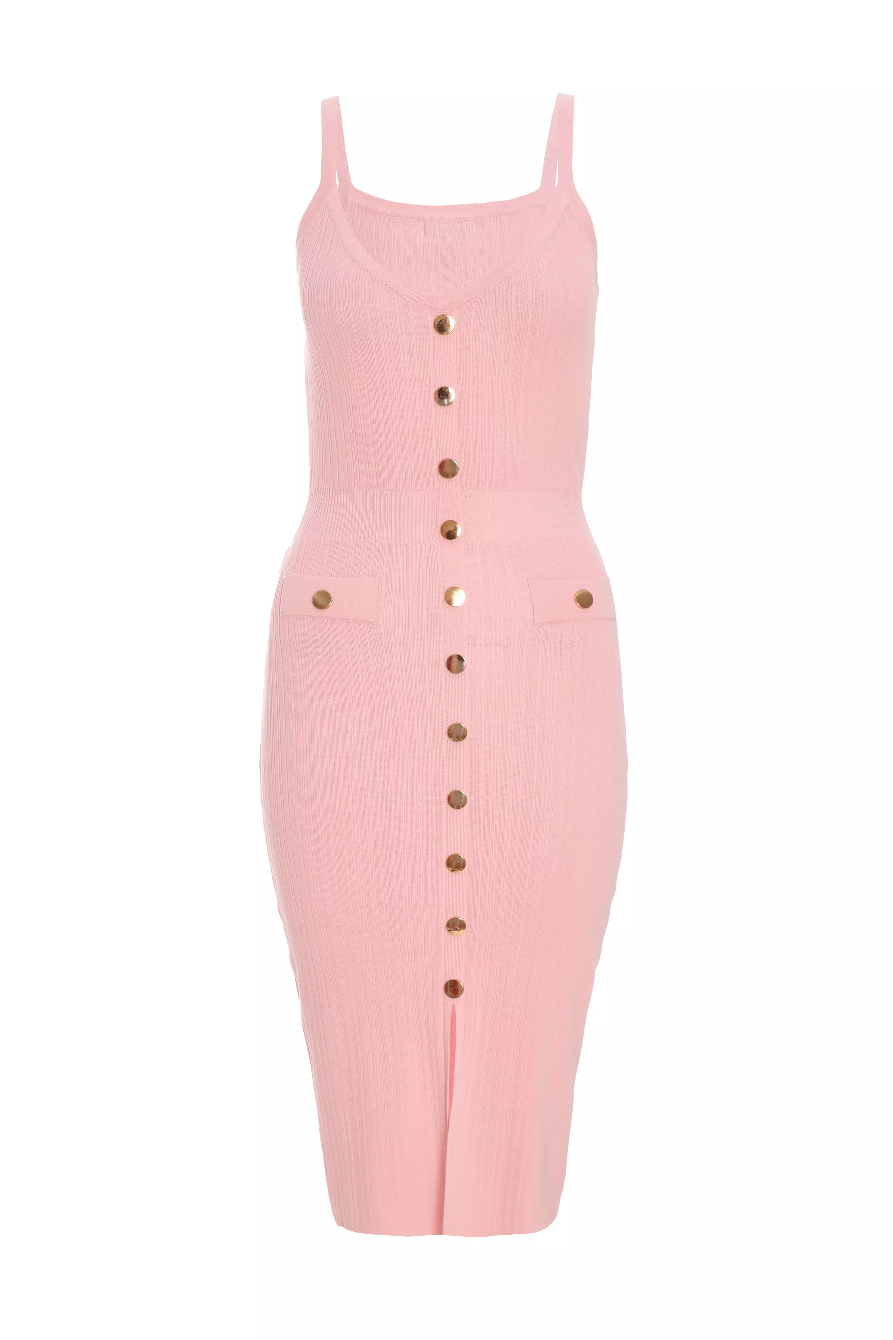 Pink Knitted Button Front Midi Dress