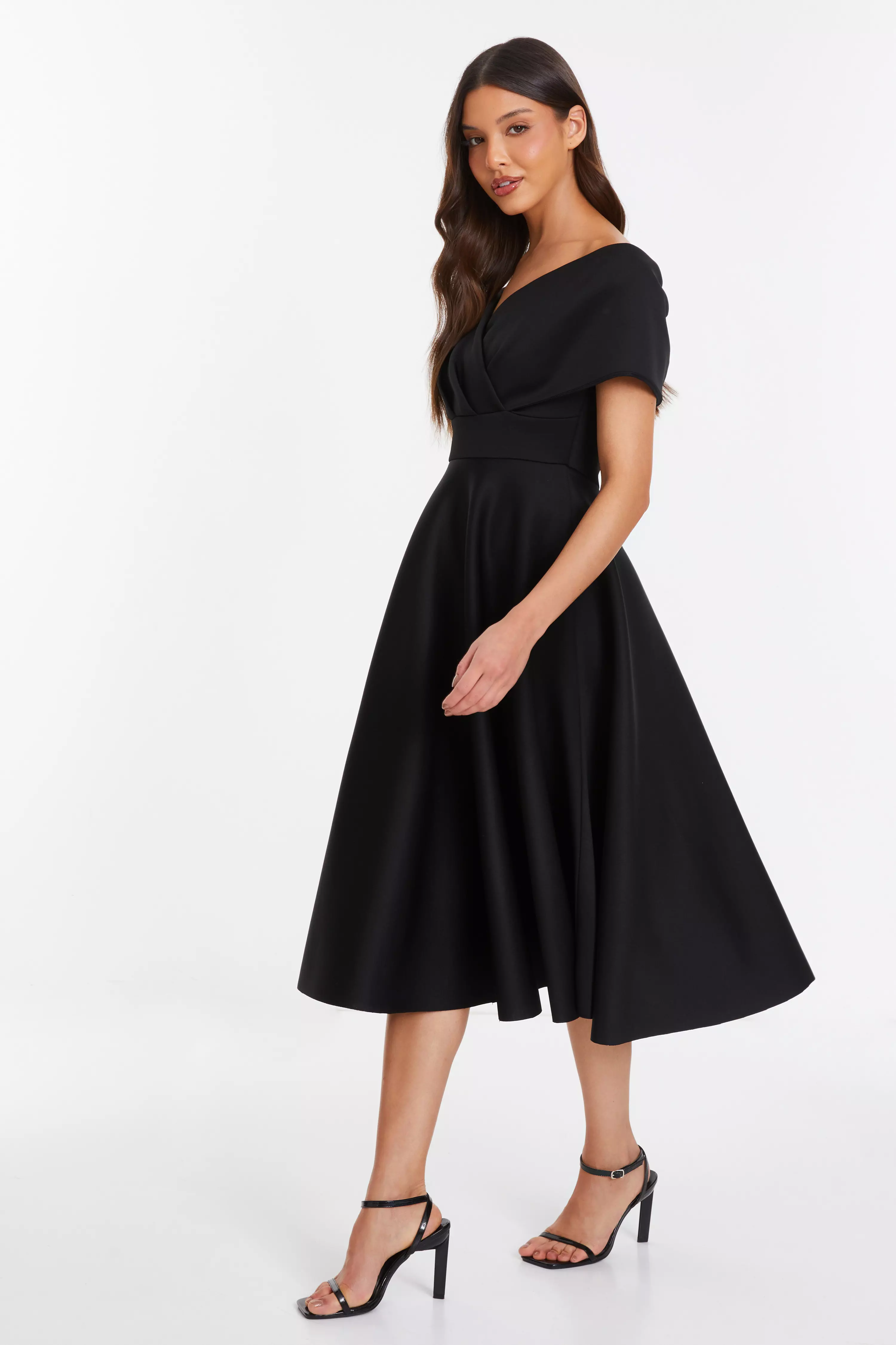 Black Bardot Skater Midi Dress