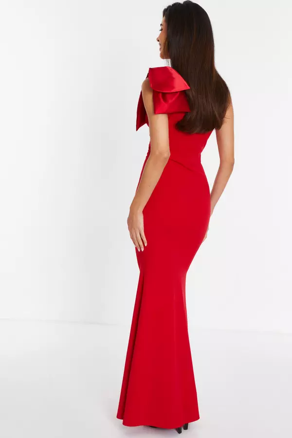 Red One Shoulder Bow Maxi Dress
