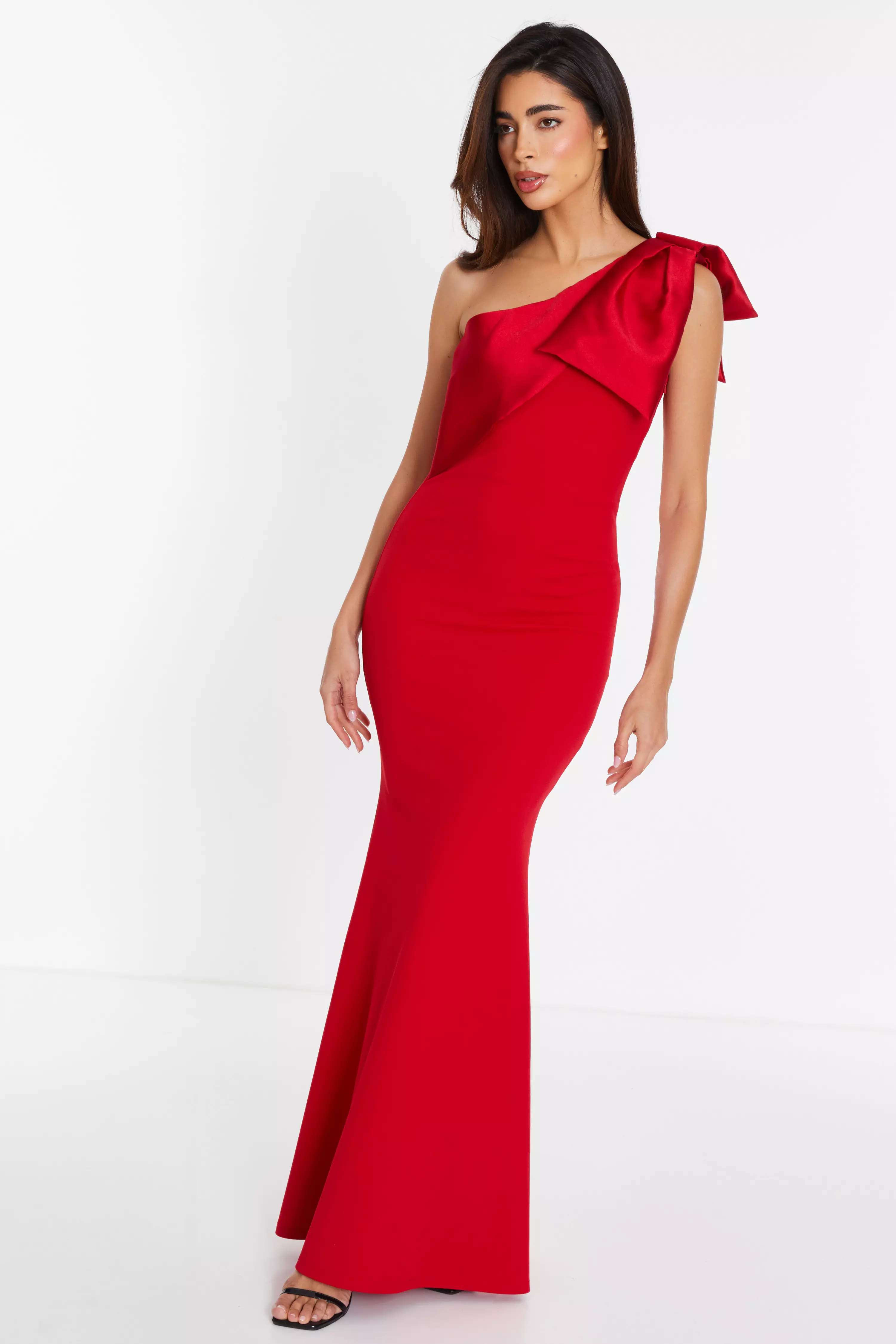 Red One Shoulder Bow Maxi Dress