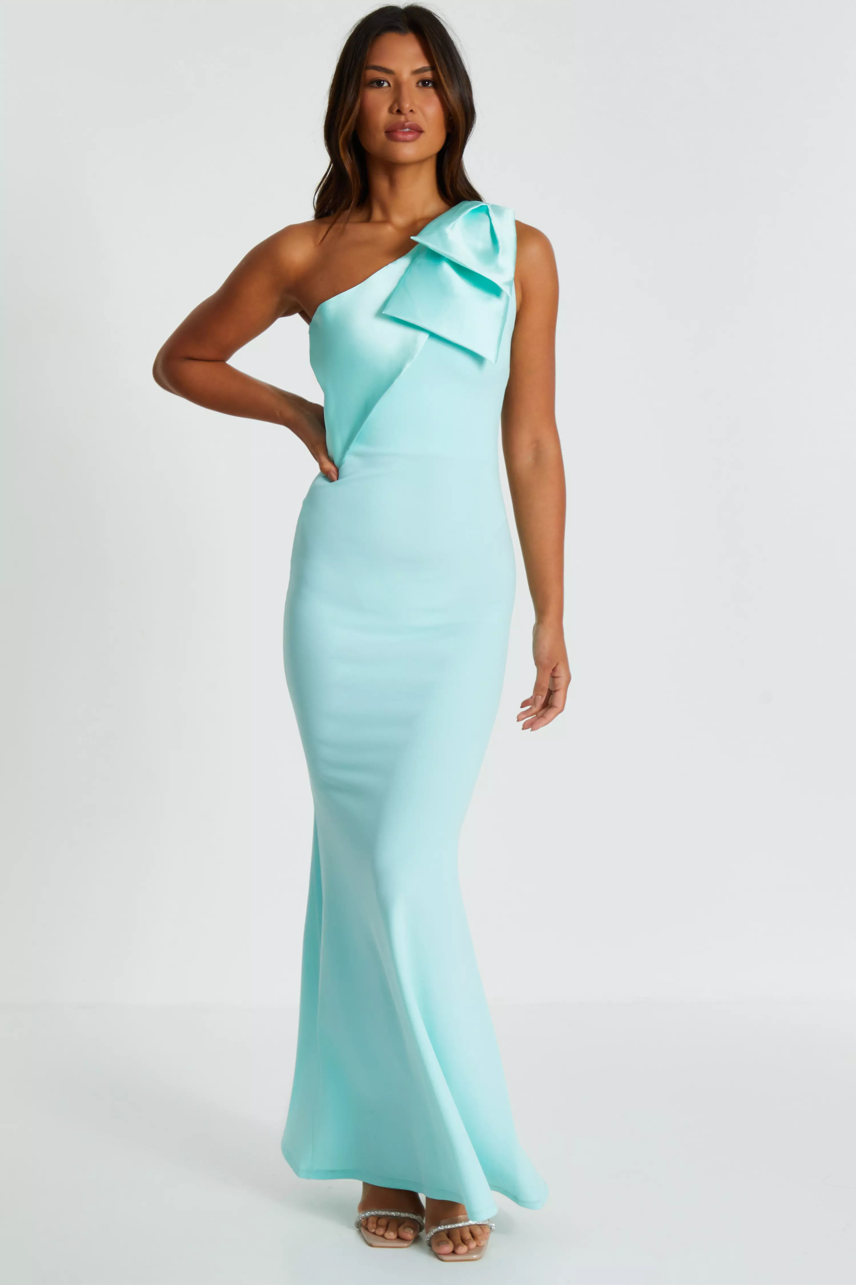 Mint One Shoulder Bow Maxi Dress