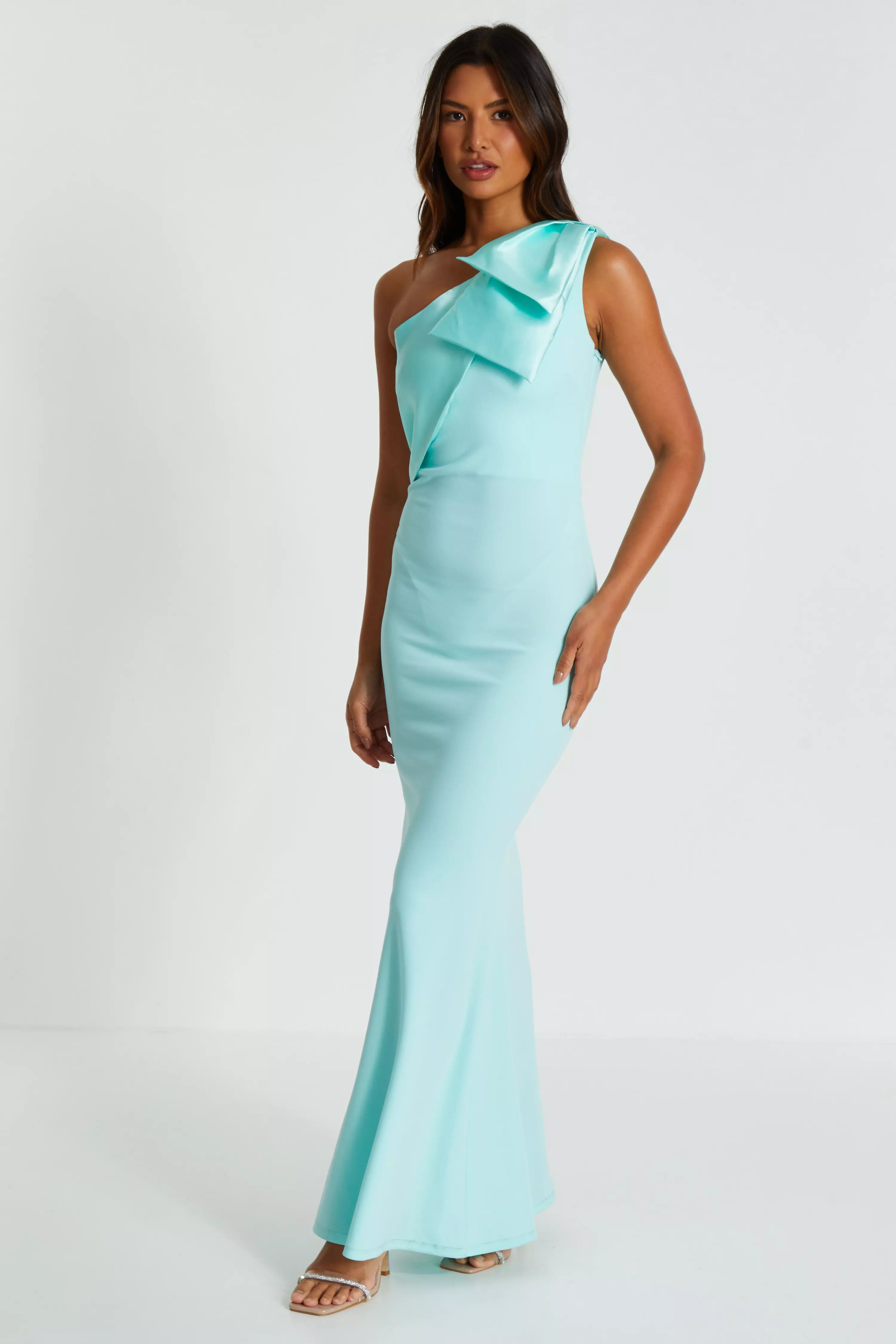 Mint One Shoulder Bow Maxi Dress